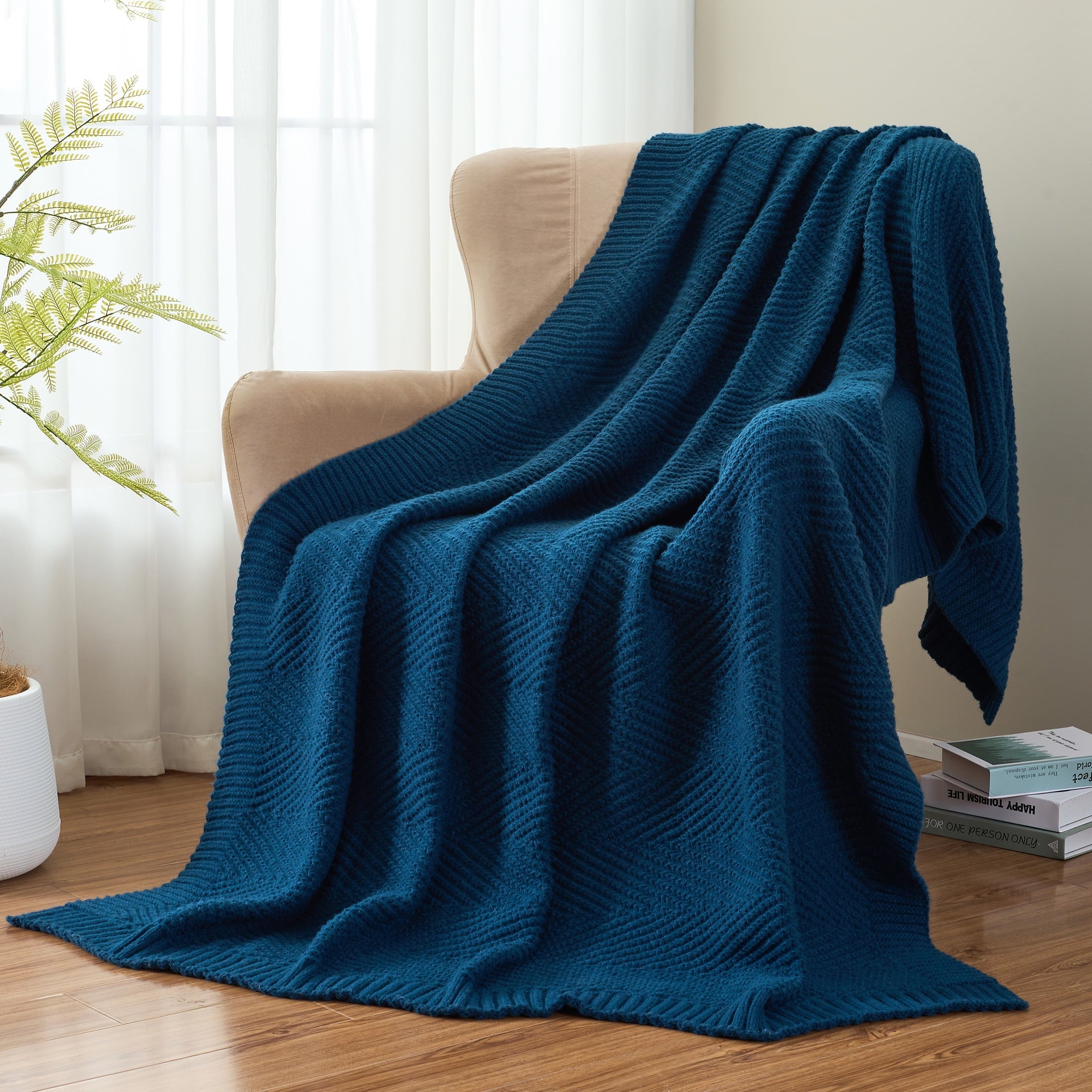 Reversible Sherpa Soft Knitted Throw Blanket 50" x 60" Navy Blue, Boho Chevron Farmhouse Throw for Bed Couch - Lightweight Plush Warm Blanket for All Seasons Detail