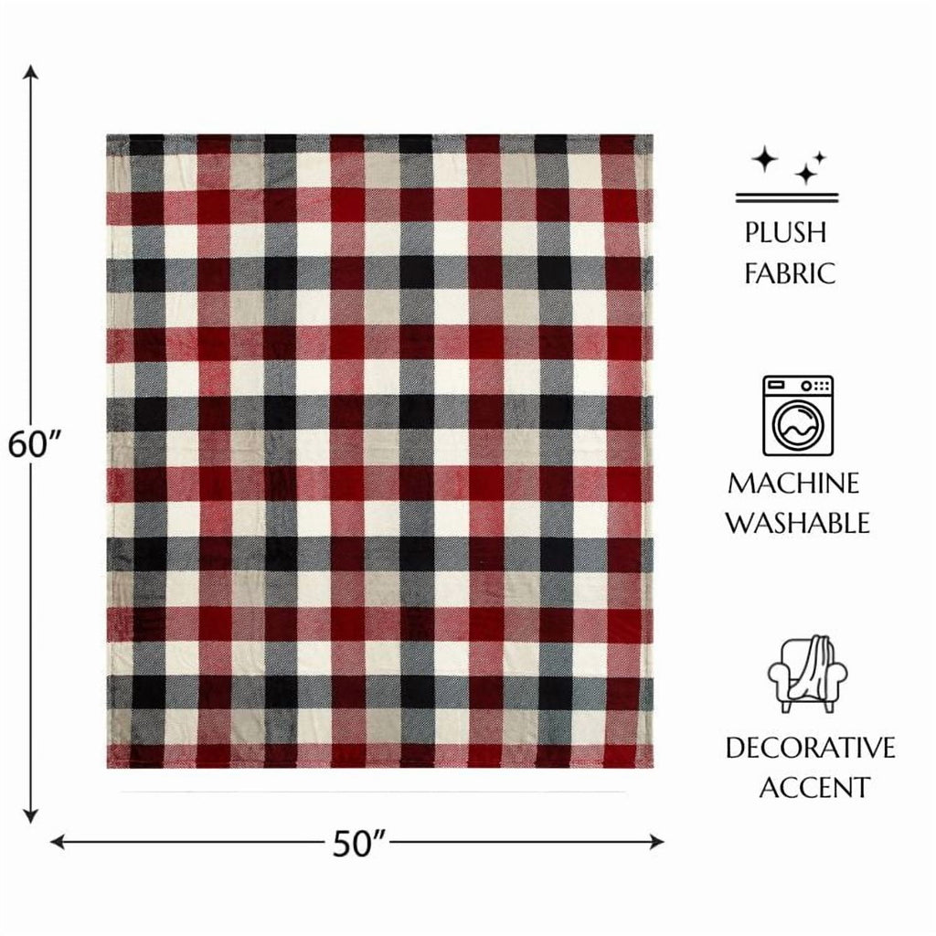 Reversible Sherpa Cozy Plush Throw Blanket, Red Plaid 50" x 60" All Ages - Luxury Knitted Decorative Throw Blanket with Fringes Detail