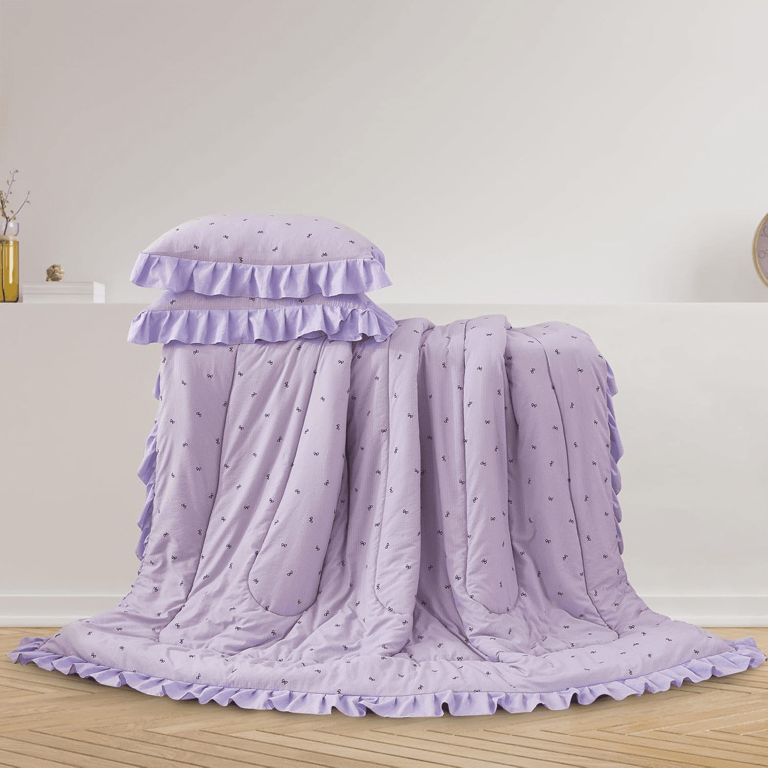 Heavyweight Warmth 6 Piece Delicate Bows Purple Bedding Set Ruffle Princess Style Comforter Set Bed in a Bag - Luxurious Quilted Duvet Cover Set Detail