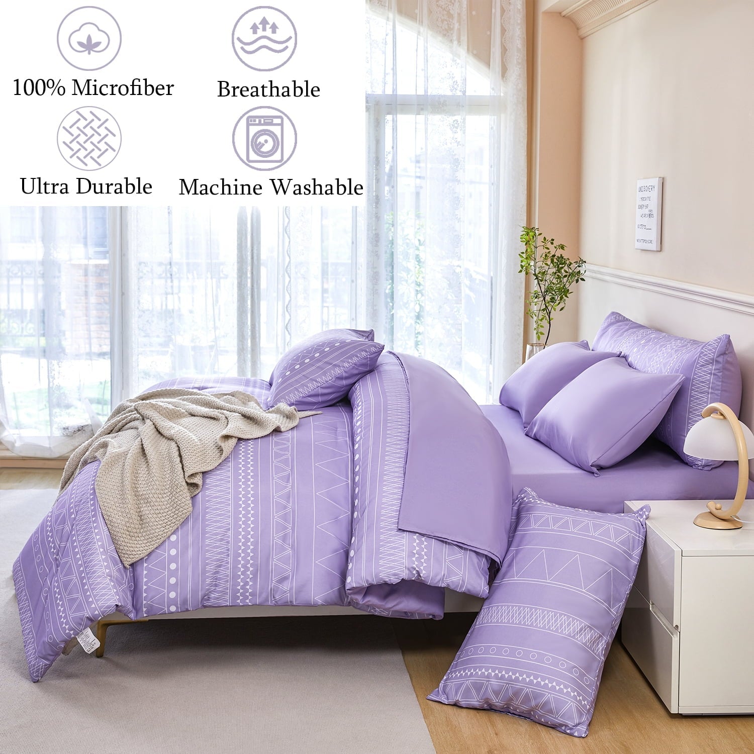 Hypoallergenic Cloud 8-Pieces Boho Bedding Set Full Lavender Striped Bed in a Bag for Girls Women Soft Fluffy Purple Comforter Set with Sh... - Cloud-Like Soft Lightweight Bed Comforter Detail