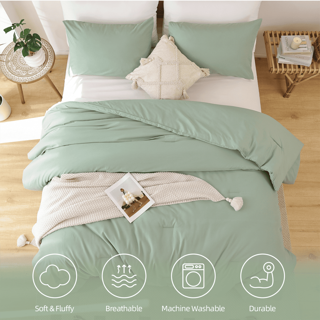 Luxurious Quilted Queen Comforter Set For Adult, 3 Piece Sage Green Comforter Sets & Bedding For All Season - All-Season Down Alternative Comforter Insert Detail