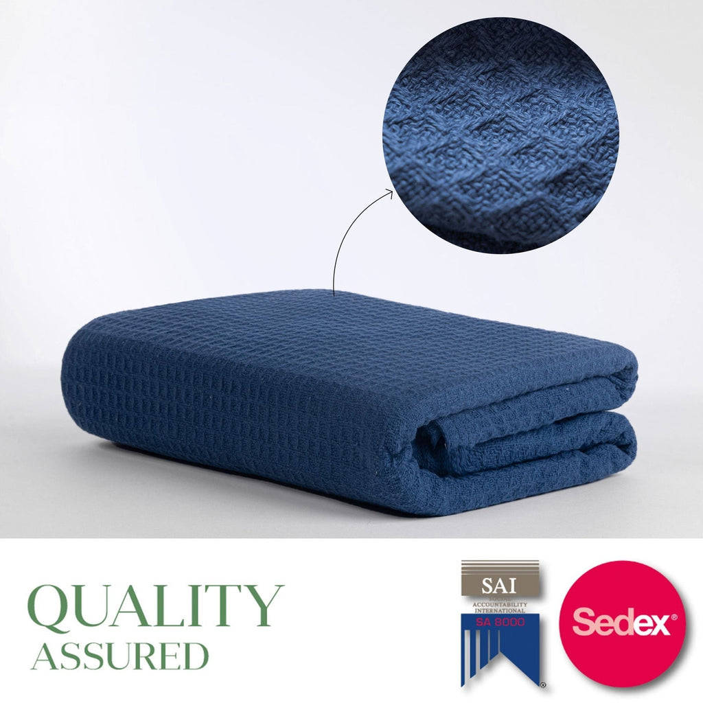 Decorative Knitted Twin Waffle Throw Blanket for Couch (68" x 92"), 100% Cotton Throw Blankets for Bed, Waffle Blanket for Bed (Navy) - Lightweight Plush Warm Blanket for All Seasons Detail