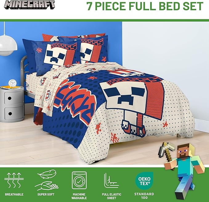 Heavyweight Warmth 7 Piece Full Size Comforter Set with Shams - Kids & Teens Gaming Bedding - All-Season Down Alternative Comforter Insert Detail