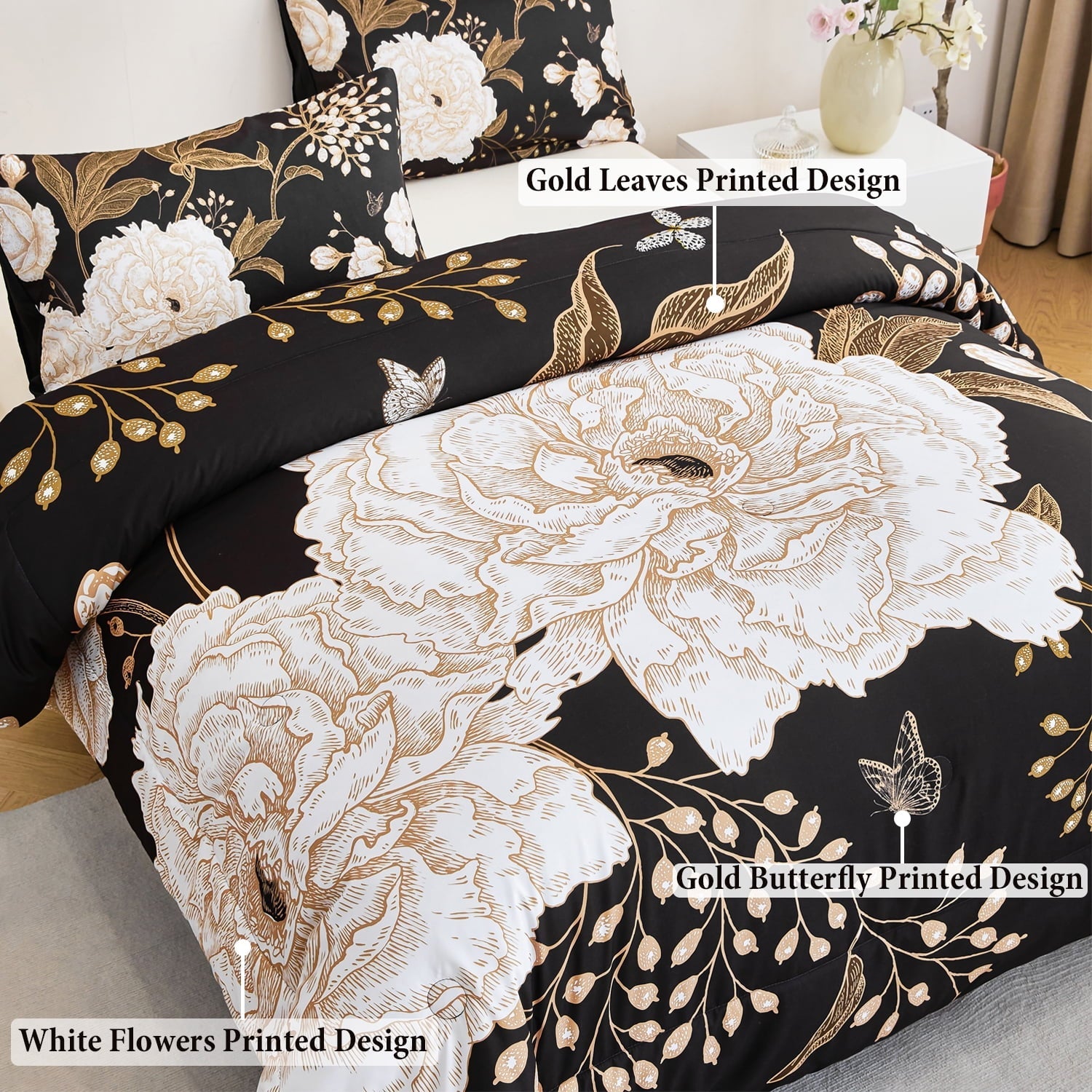 Luxurious Quilted Black Floral Comforter Set Queen, Printed Comforter White Flowers Butterfly Bedding Set, 3 Pieces Botanical Reversibl... - All-Season Down Alternative Comforter Insert Detail