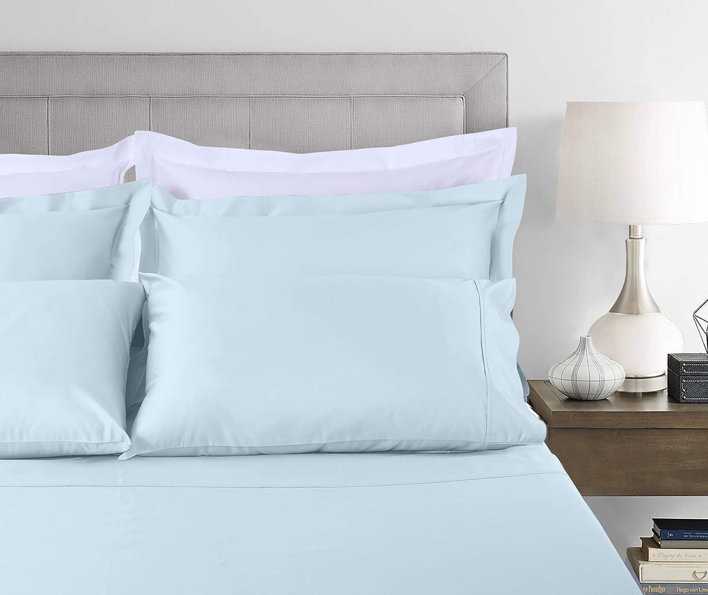 Cooling Sateen 100% Cotton King Bed Sheets Set - 4-Piece, 300 Thread Count, Lightweight Sateen, Light Blue - Cooling Hotel Quality Bedding Sheets and Pillowcases Detail