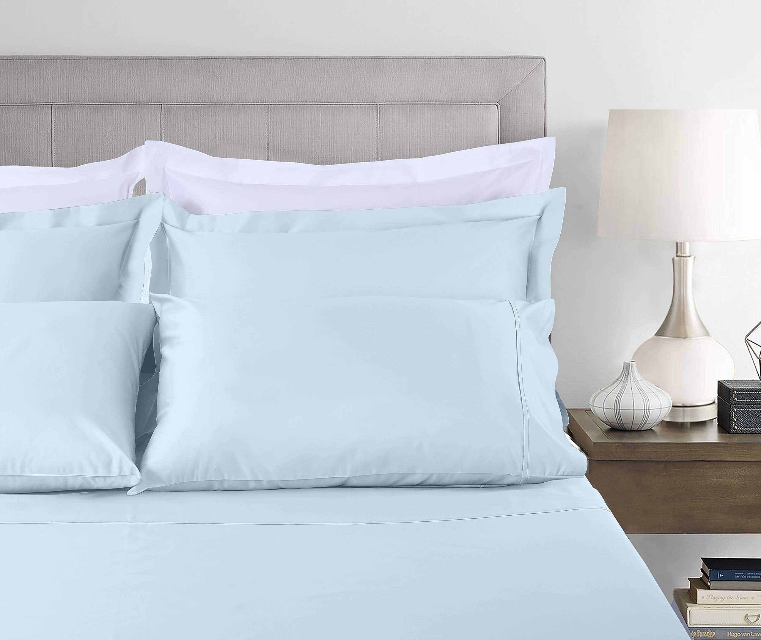 Cooling Sateen 100% Cotton King Bed Sheets Set - 4-Piece, 300 Thread Count, Lightweight Sateen, Light Blue - Cooling Hotel Quality Bedding Sheets and Pillowcases Detail