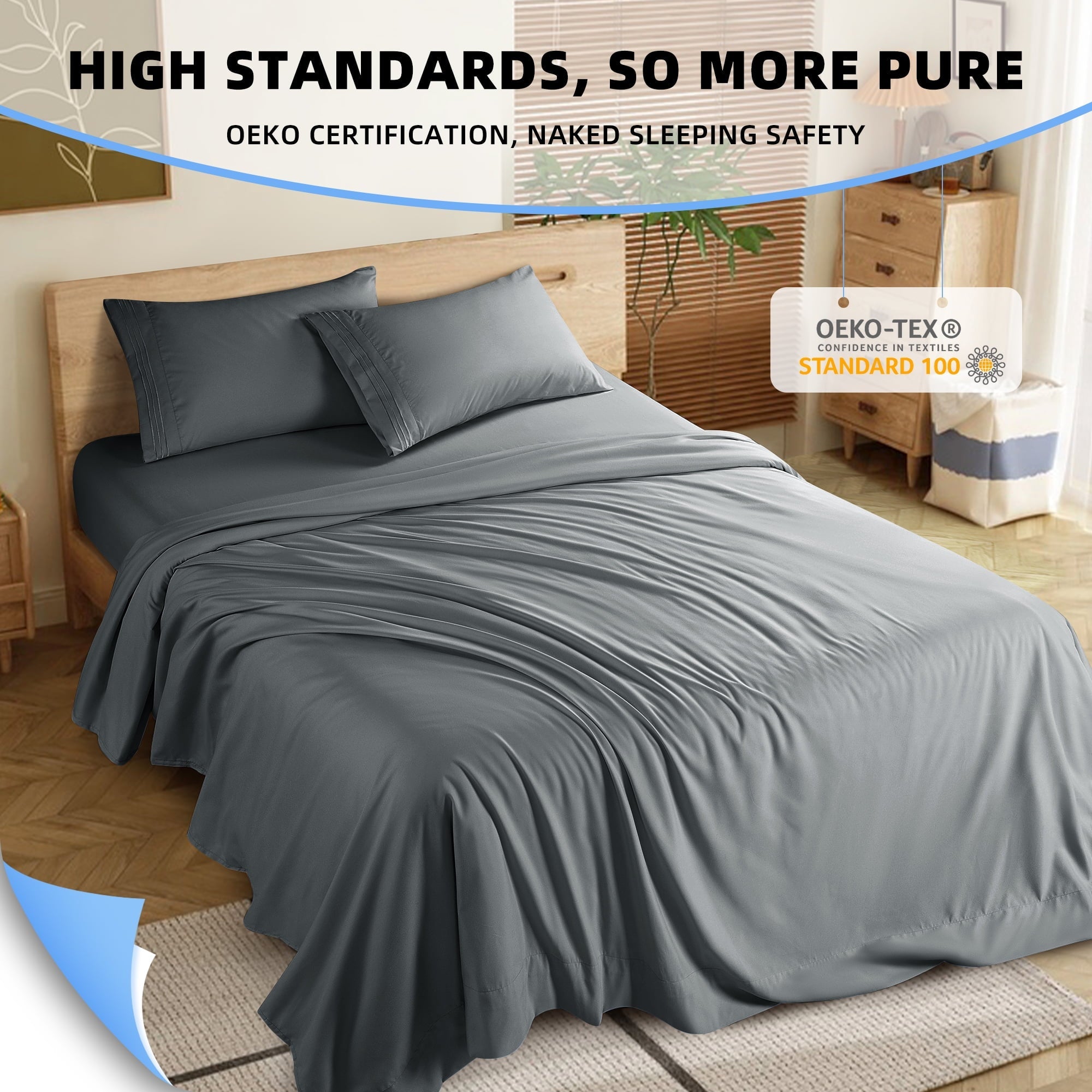 Ultra-Soft Shilucheng 4 Pieces Luxury Bed Sheets Set, Plush Microfiber Bed Sheets, 16" Deep Pocket, Queen, Dark Gray - Premium Ultra-Soft Pillowcase Pair for Sleeping Detail