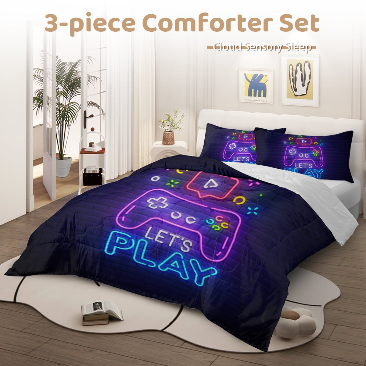 Hypoallergenic Cloud Gaming Comforter Set for Boys, 3-Piece Abstract Neon Kids Bedding Sets Twin Size - Hypoallergenic Ultra-Fluffy Quilt for Winter Detail