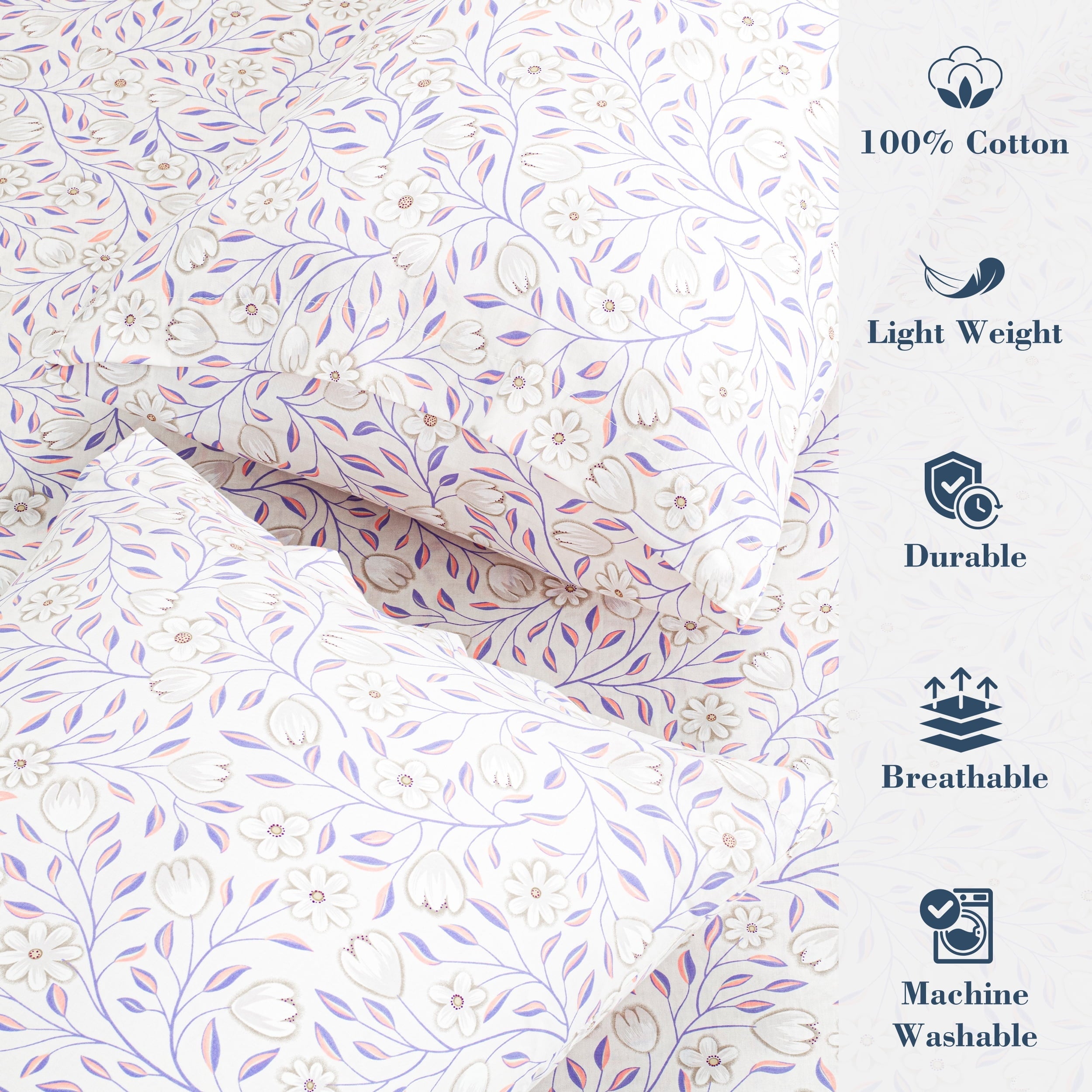 Wrinkle-Resistant 100% Cotton Full Size Sheets,4 Piece Pure Percale Bed Sheets Set Deep Pocket Fits Mattress Upto 15",floral vine pattern - Breathable Egyptian Cotton Flat & Fitted Sheets Detail