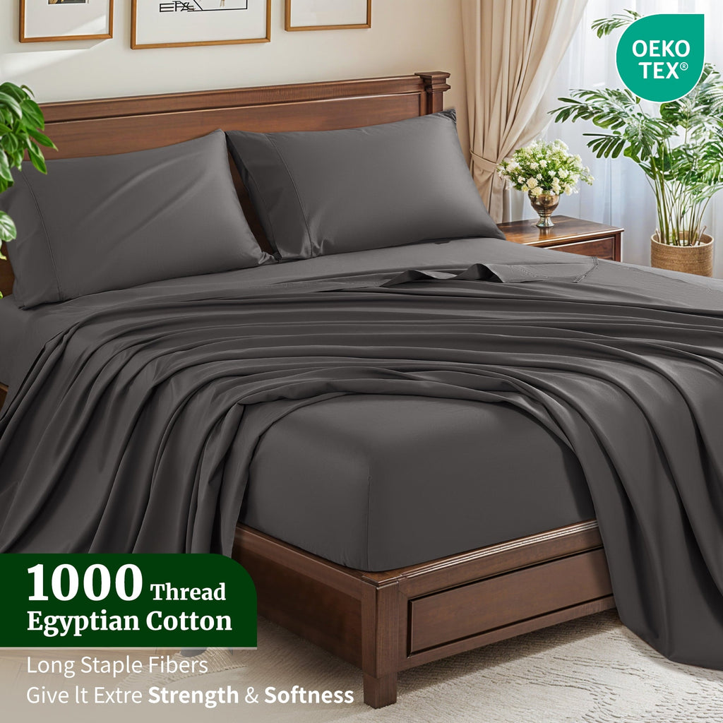 Breathable Luxury 100% Cotton Bed Sheets Set, 1000 Thread Count 4 Piece Luxury Soft Sheets Set with 16" Deep Pocket, Queen, Dark Gray - Cooling Hotel Quality Bedding Sheets and Pillowcases Detail