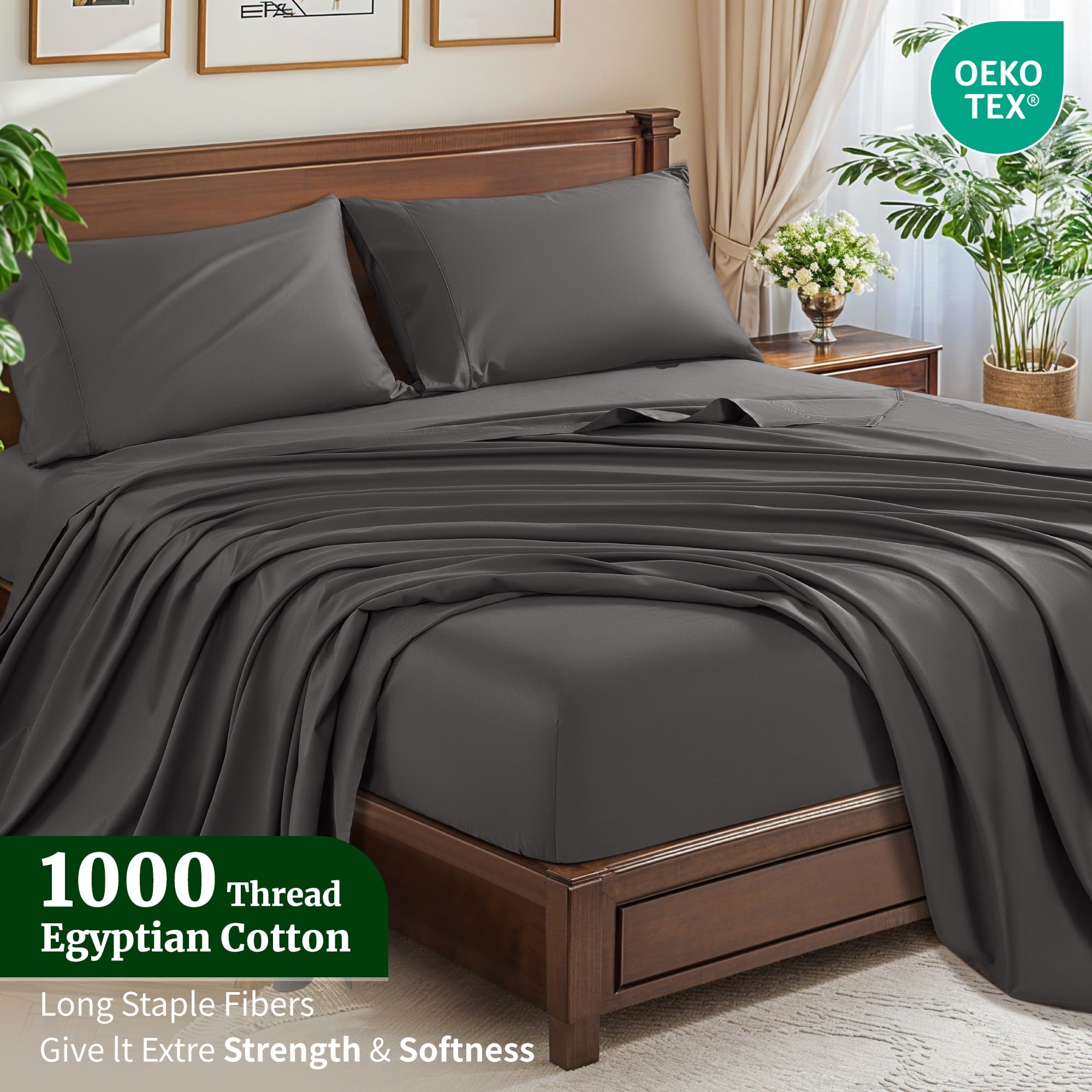 Breathable Luxury 100% Cotton Bed Sheets Set, 1000 Thread Count 4 Piece Luxury Soft Sheets Set with 16" Deep Pocket, Queen, Dark Gray - Cooling Hotel Quality Bedding Sheets and Pillowcases Detail