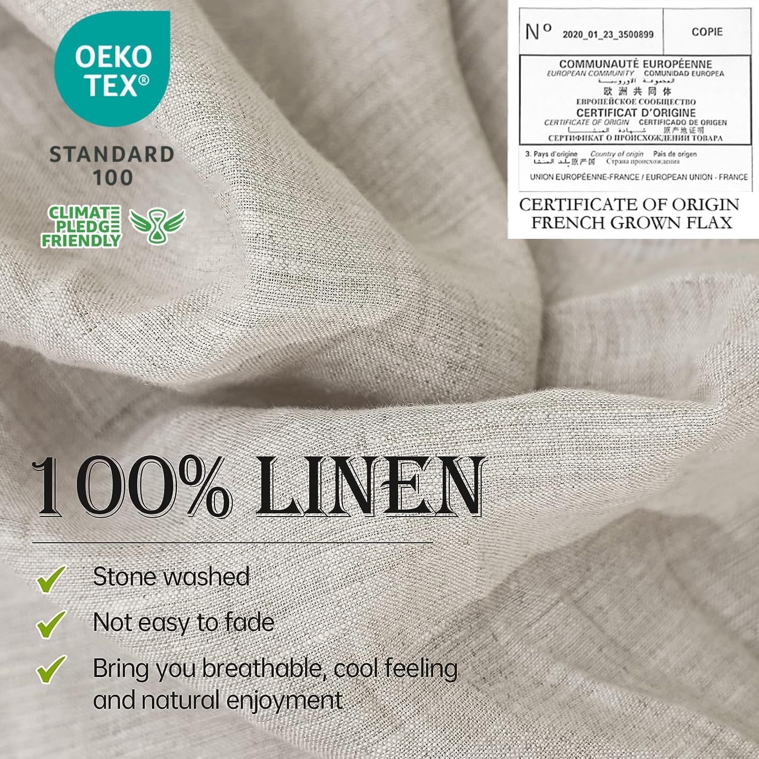 Breathable Luxury 100% Linen Sheet Set Solid Color-4 Pcs Washed French Linen Bed Sheets(1 Flat Sheet,1 Fitted Sheet,2 Pillowcases)-Brea... - Premium Ultra-Soft Pillowcase Pair for Sleeping Detail