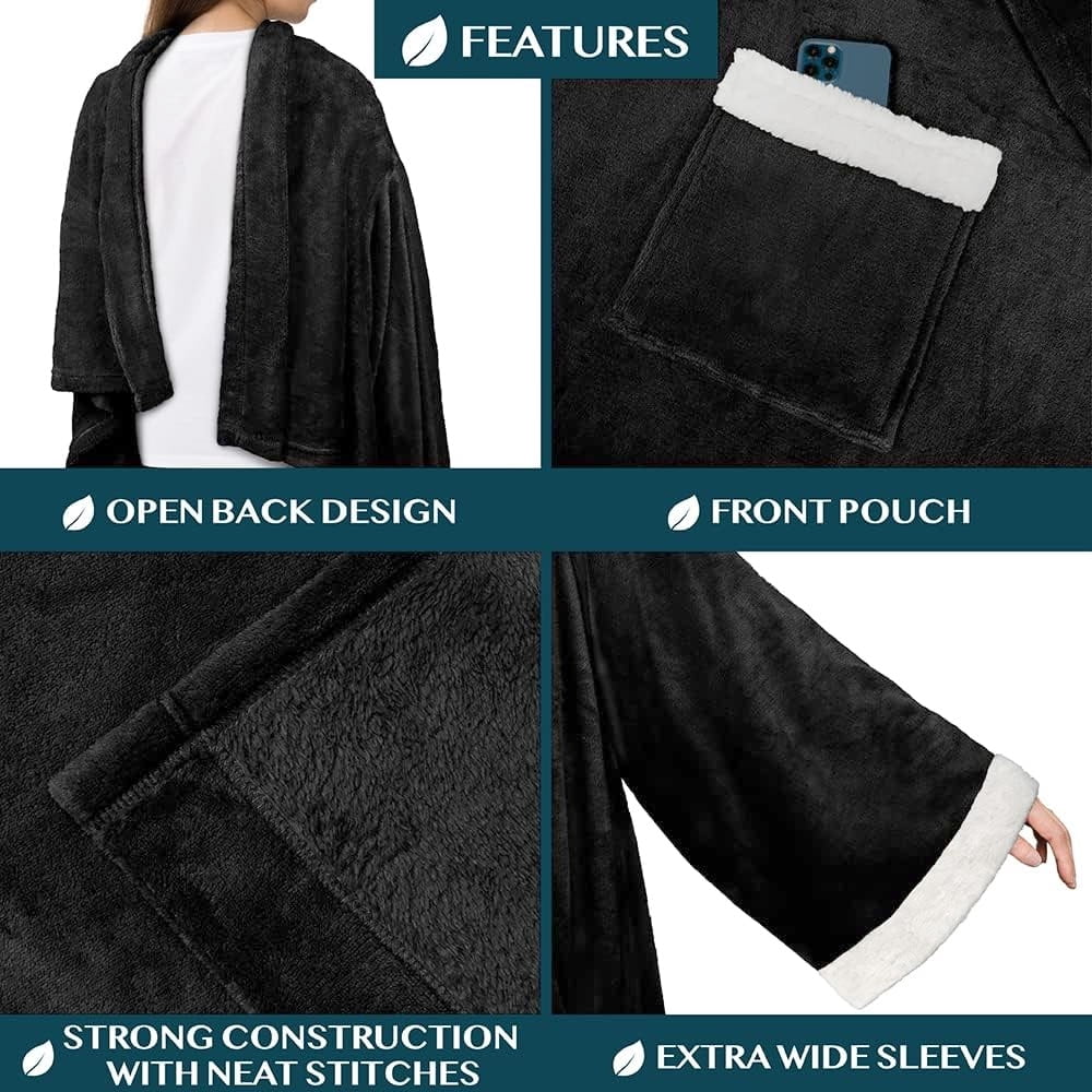 Lightweight Warm Fleece Blanket with Sleeves for Women Men Adults, Wearable Blanket Warm Soft Plush, Snuggle Pocket Sleeved TV Throw W... - Super Soft Reversible Sherpa Flannel Blanket Detail