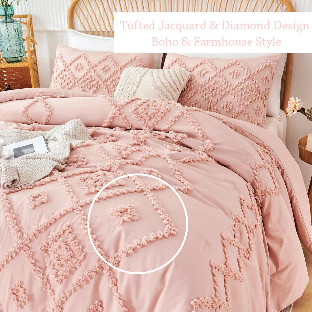 Fluffy Down Alternative Pink Diamond Jacquard Comforter Set Queen 3 Pcs Bohemian Tufts Quilt Set for Kids Girls Adult 100% Soft Microfiber Be... - All-Season Down Alternative Comforter Insert Detail