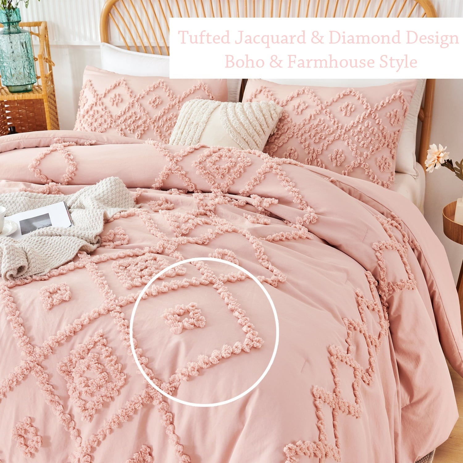 Fluffy Down Alternative Pink Diamond Jacquard Comforter Set Queen 3 Pcs Bohemian Tufts Quilt Set for Kids Girls Adult 100% Soft Microfiber Be... - All-Season Down Alternative Comforter Insert Detail