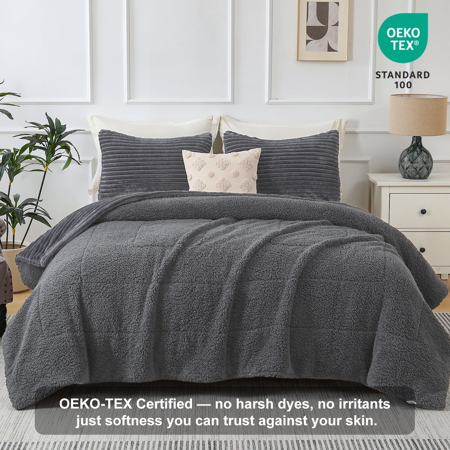 Hypoallergenic Cloud 3 Piece Fleece Queen Comforter Set - Soft & Warm Fluffy Dark Gray Sherpa Bedding , Fuzzy Heavy Double Sided Design Wi... - Luxurious Quilted Duvet Cover Set Detail