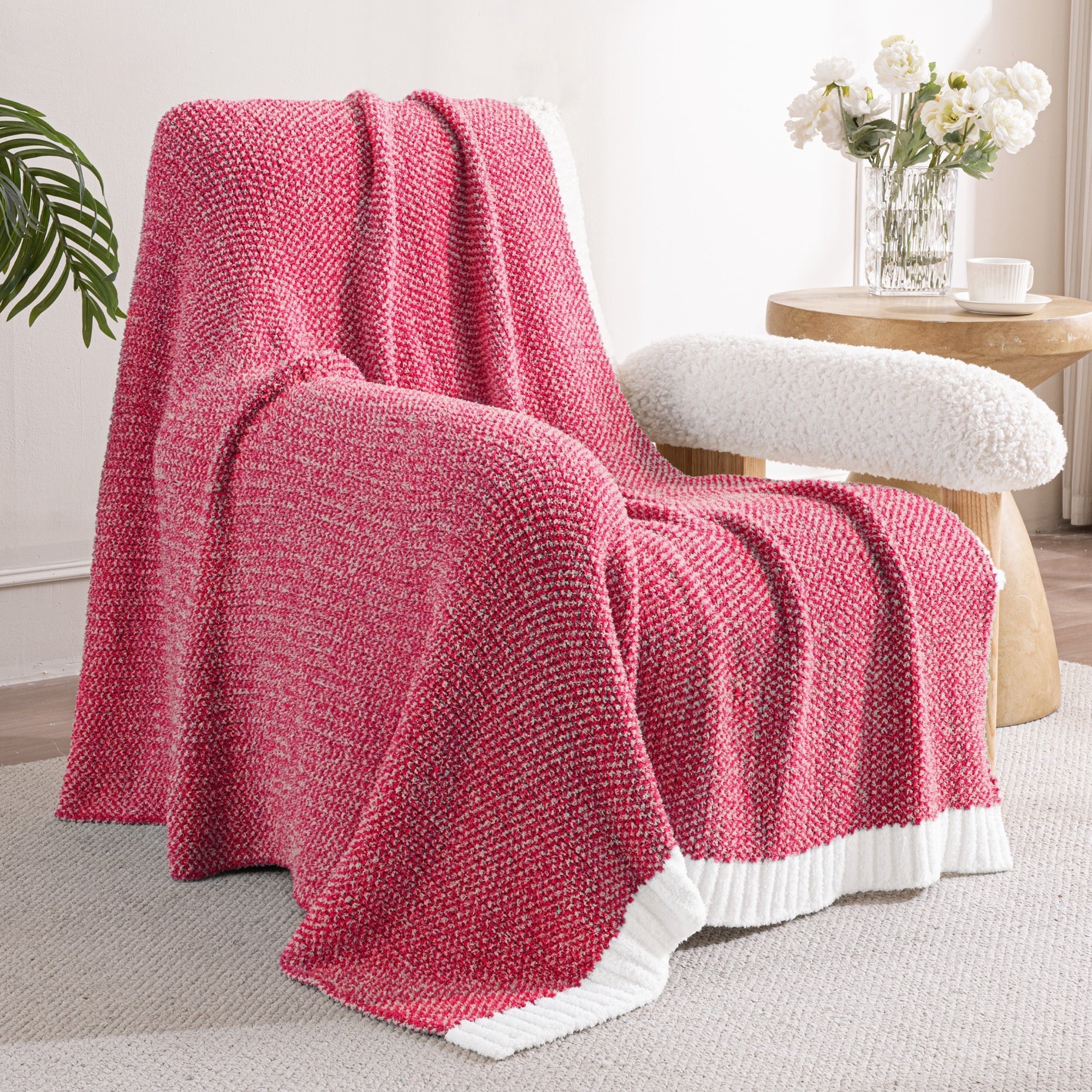 Super Soft Flannel Knit Throw Blanket, Ultra Soft Cozy Fluffy Blankets, Lightweight Fuzzy Plush Throw for Couch and Bed, Mixed Red, 50"x60" - Super Soft Reversible Sherpa Flannel Blanket Detail