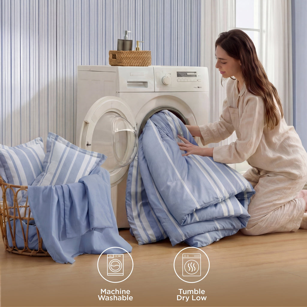Fluffy Down Alternative Queen Comforter Set Blue, Bed in a Bag Queen Size Bedding 7-Pieces, Striped Bedding Set for All Seasons - Luxurious Quilted Duvet Cover Set Detail
