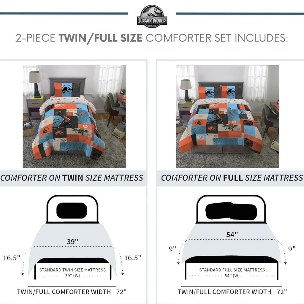 Luxurious Quilted Kids 2 Piece Blue Orange Reversible Dinosaur Comforter and Pillowcase set, Twin/full - All-Season Down Alternative Comforter Insert Detail