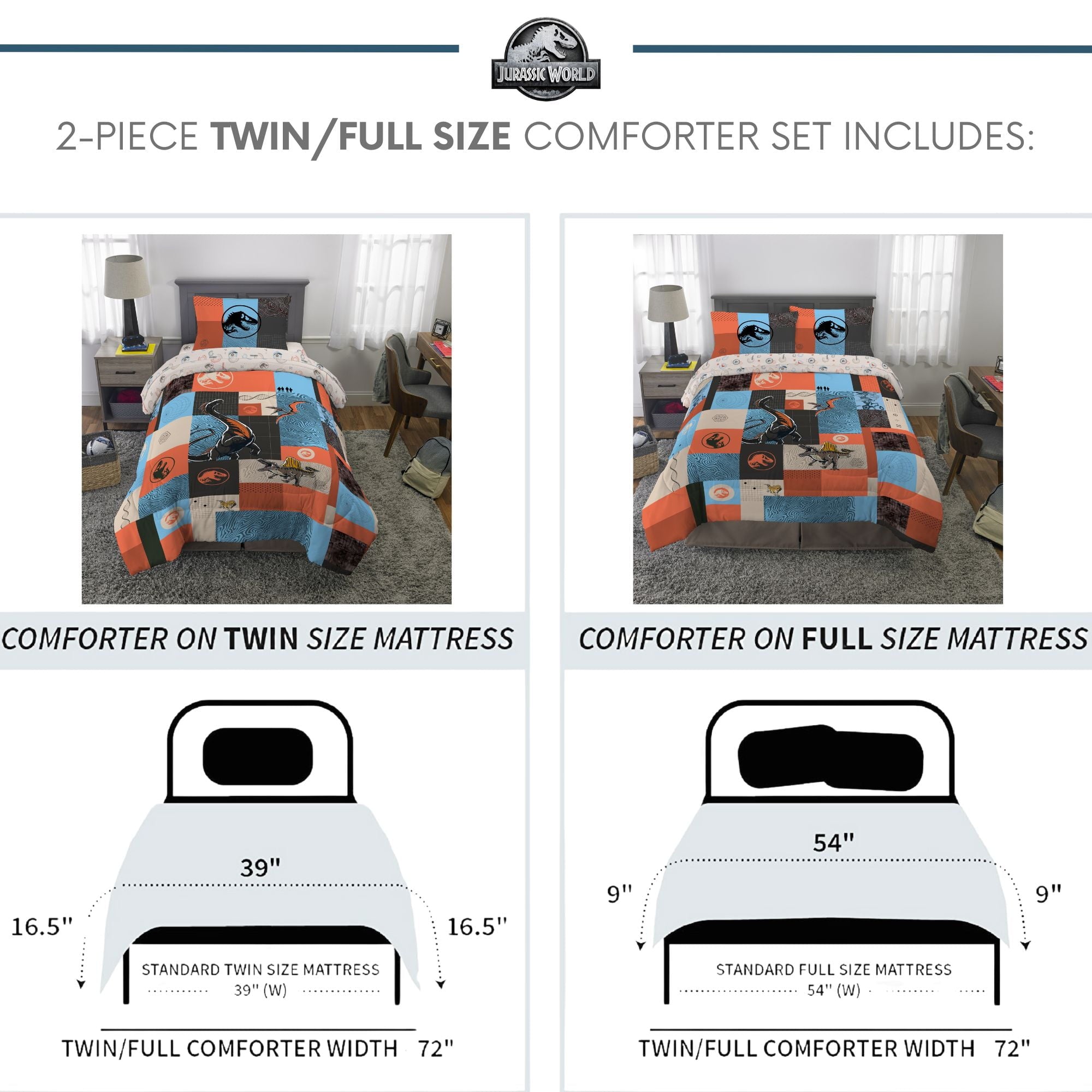 Luxurious Quilted Kids 2 Piece Blue Orange Reversible Dinosaur Comforter and Pillowcase set, Twin/full - All-Season Down Alternative Comforter Insert Detail