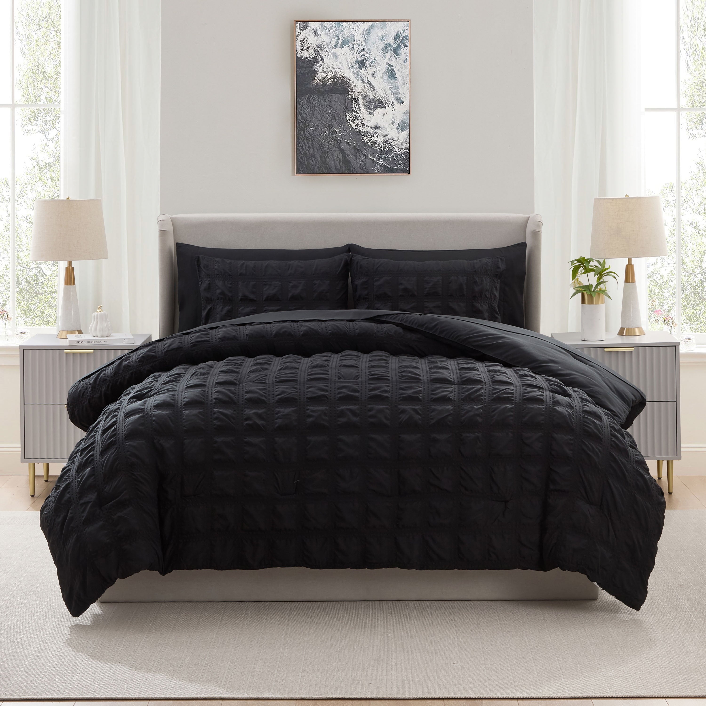 Fluffy Down Alternative Queen Comforter Set, Seersucker Queen Size Comforter Set, 7-Pc All Season Bedding Comforter Set, Black - Hypoallergenic Ultra-Fluffy Quilt for Winter Detail