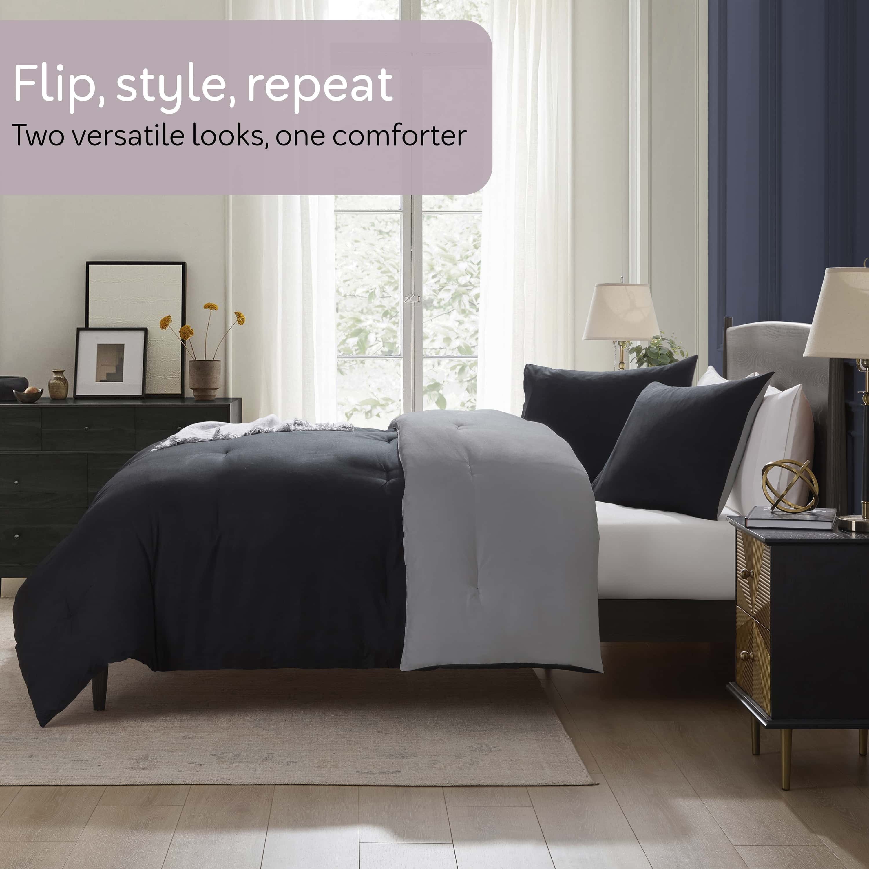 Heavyweight Warmth Comforter Sets, All Season Lightweight Reversible Queen Comforter Set, 3-Pc Bedding Sets, Black/Charcoal gray - Luxurious Quilted Duvet Cover Set Detail