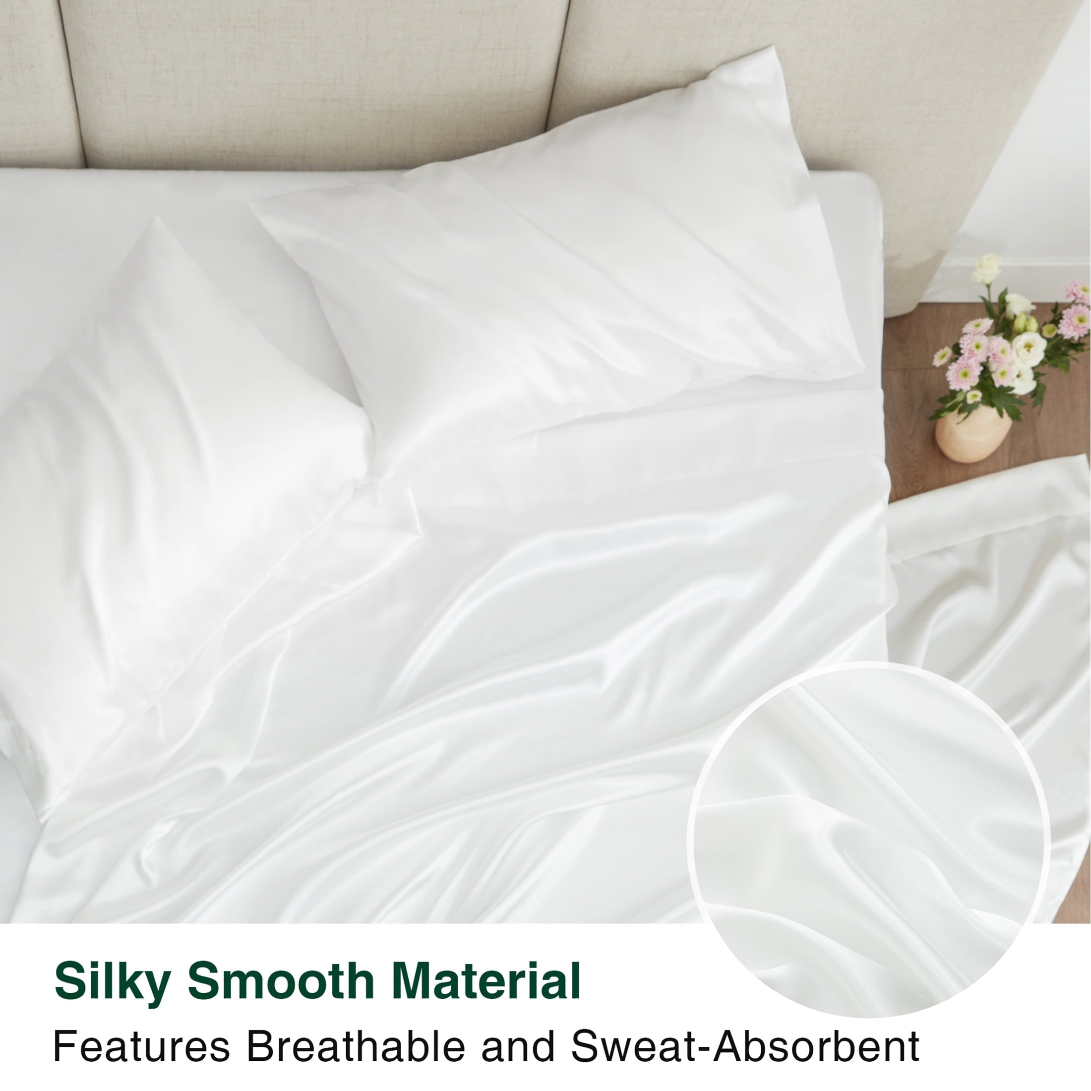 Cooling Sateen Satin Sheets Full Sheet Set Deep Pocket Luxury Silky Bed Sheets for Hair and Skin 4 Pieces, White - Breathable Egyptian Cotton Flat & Fitted Sheets Detail
