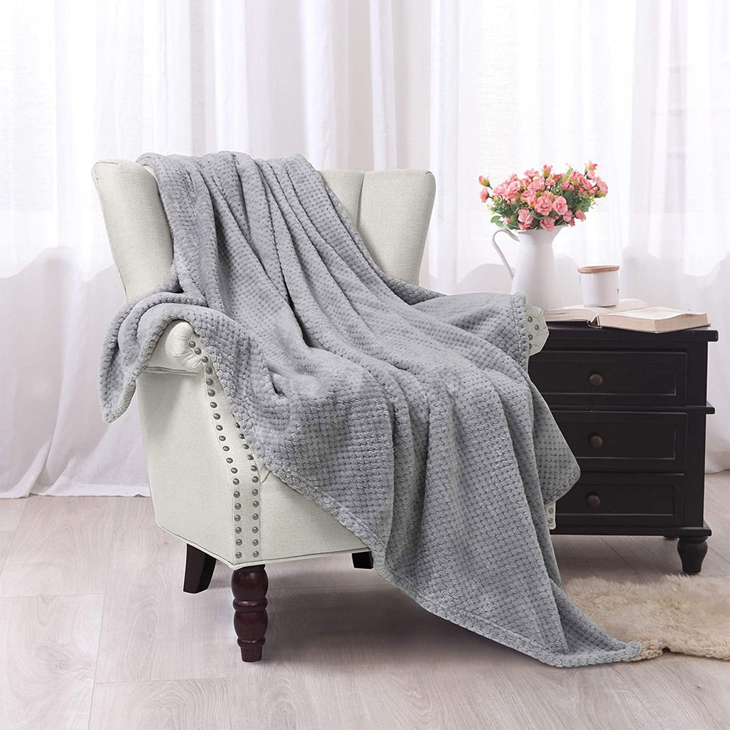 Super Soft Flannel Waffle Textured Extra Large Fleece Blanket, Super Soft and Warm Throw Blanket for Couch, Sofa and Bed (Light Grey, 50... - Luxury Knitted Decorative Throw Blanket with Fringes Detail