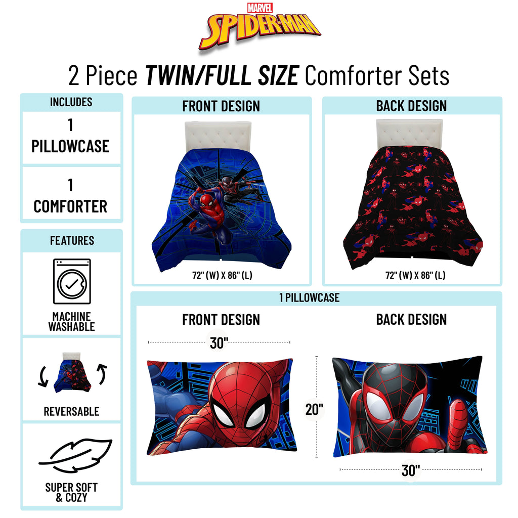 Fluffy Down Alternative Spiderman Techno City Kids 2 Piece Blue Reversible Comforter and Pillowcase Set, Twin/Full - All-Season Down Alternative Comforter Insert Detail