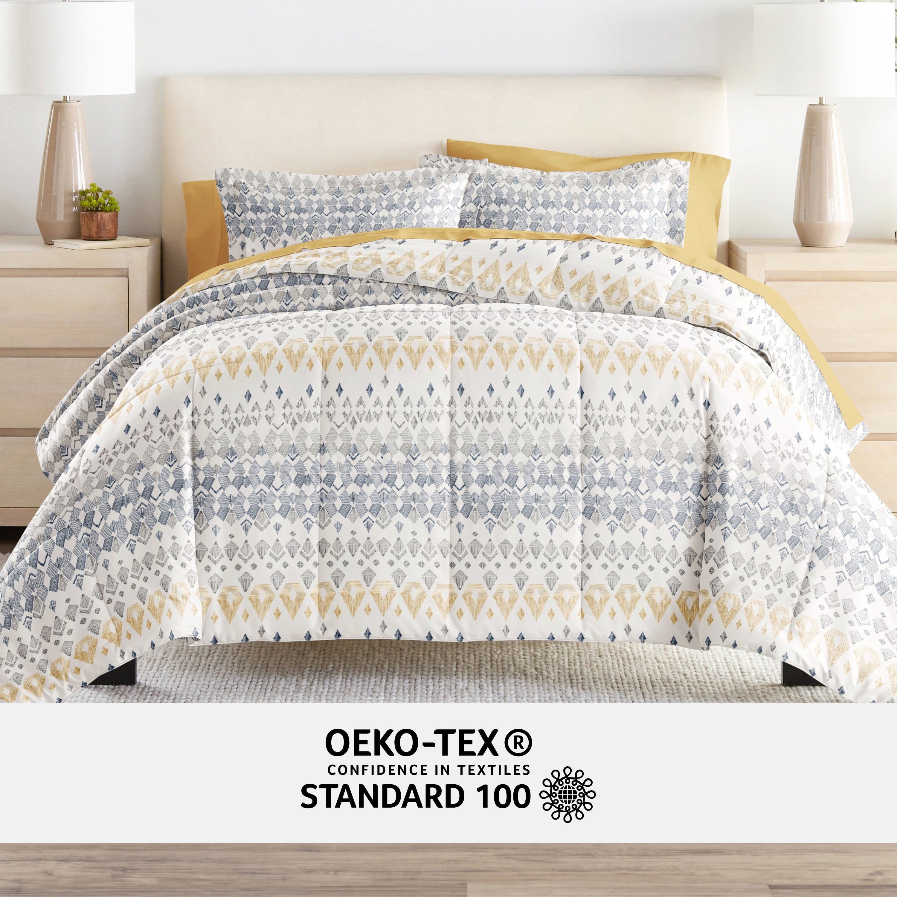 Fluffy Down Alternative 7 Piece Bedding Bundle, Microfiber Patterned Comforter and Sheet Set, Queen - All-Season Down Alternative Comforter Insert Detail