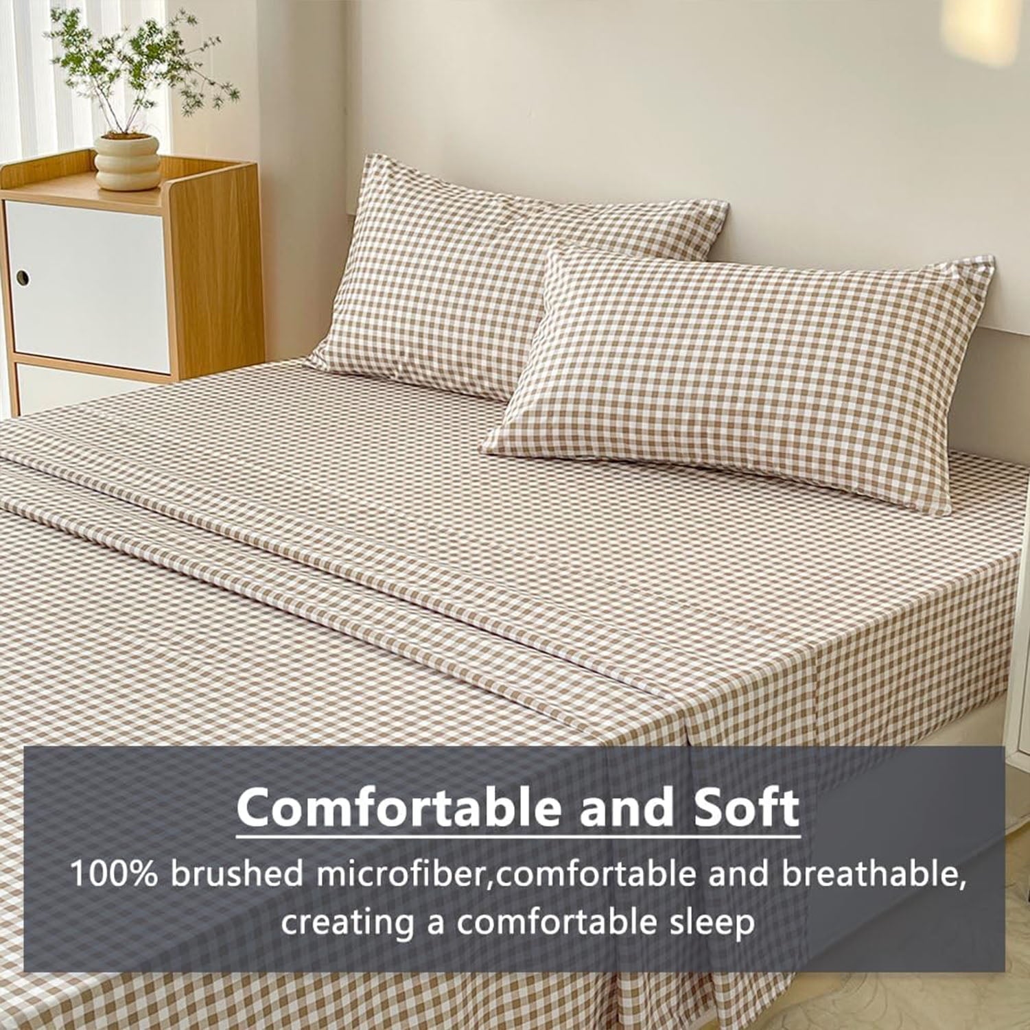 Cooling Sateen Sheet Set, Soft Brushed Microfiber Taupe Plaid Sheets, 4-Piece Brown Grid Set with Deep Pocket - Breathable Egyptian Cotton Flat & Fitted Sheets Detail