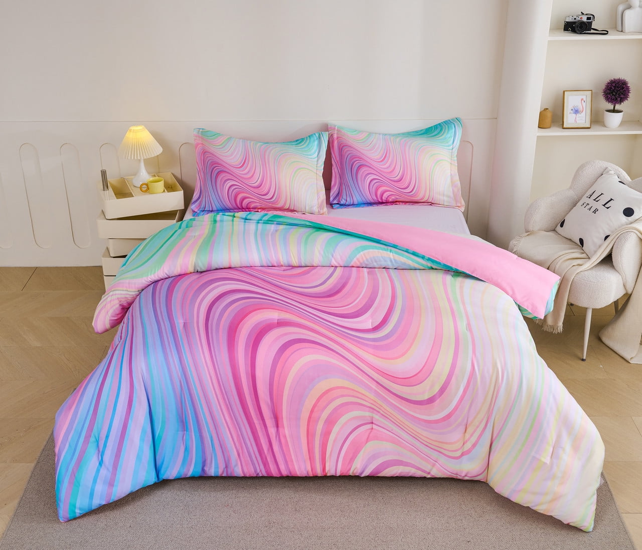 All-Season 3-Piece Abstract Tie Dye Comforter Set, Blue Pink Purple, Kids Bedding Set for Girls Full/Queen Size - All-Season Down Alternative Comforter Insert Detail