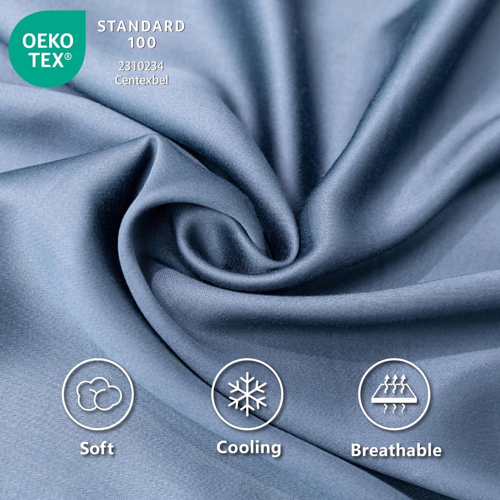 Premium Egyptian Cotton Luxury Bamboo Bed Sheets Set Full 4 Pcs for Adult,Soft&Cool,16" Deep Pocket,Blue Gray - Breathable Egyptian Cotton Flat & Fitted Sheets Detail