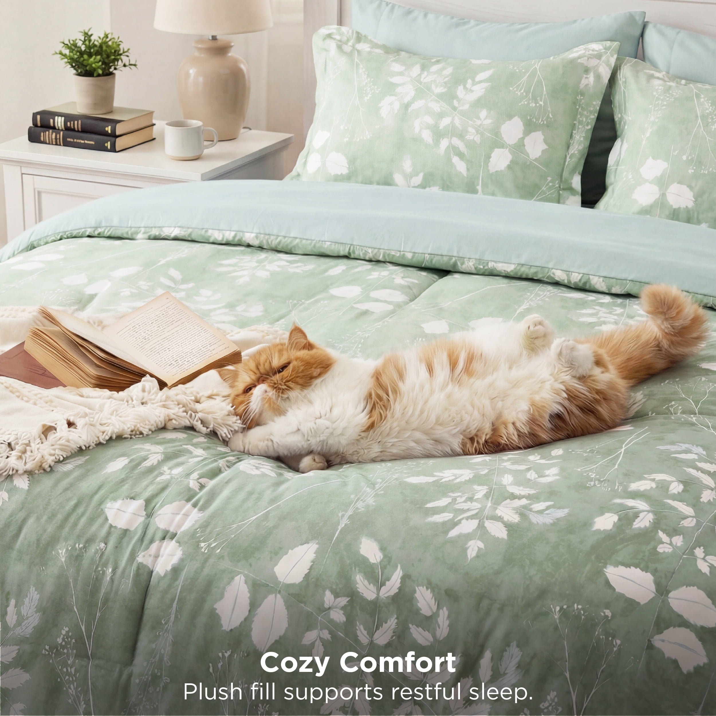 Fluffy Down Alternative Queen Comforter Set Sage Green, Bed in a Bag Queen Size Bedding, 7-Pieces Botanical Flowers Spring Comforter, Sheets,... - Luxurious Quilted Duvet Cover Set Detail