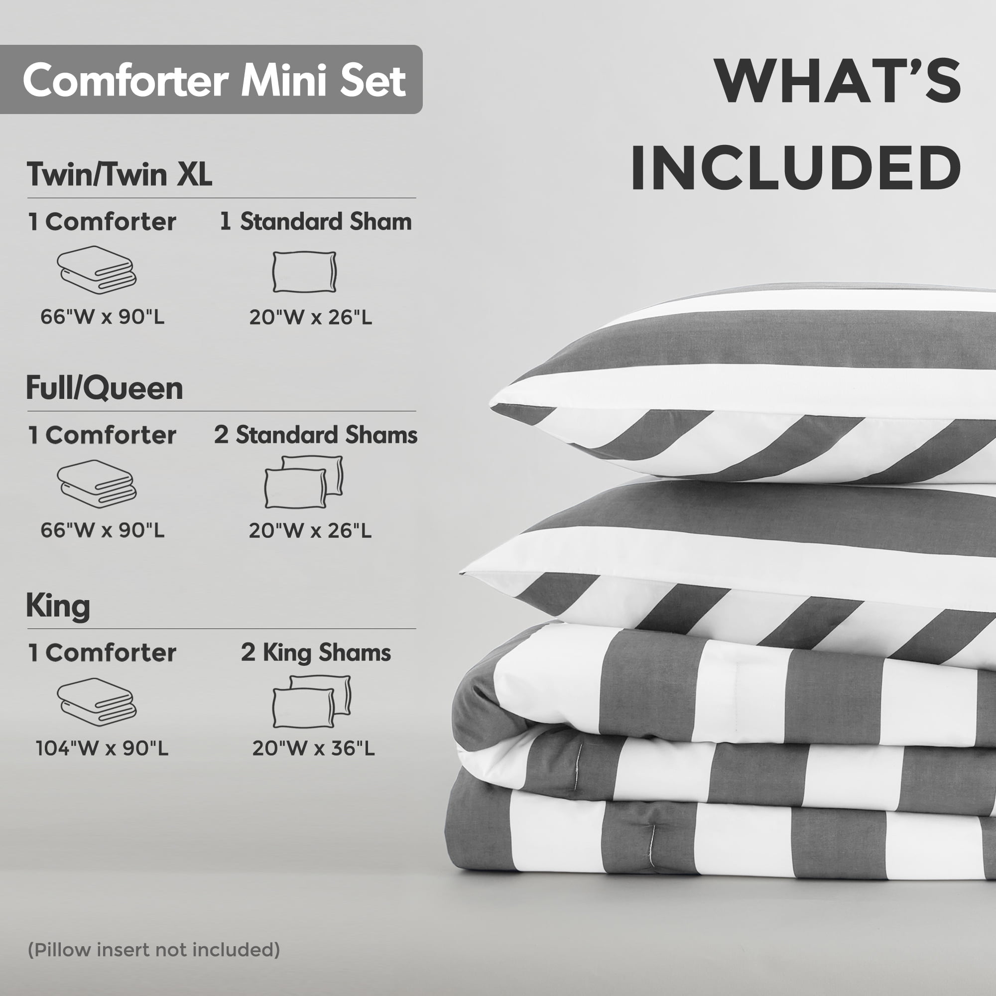 Fluffy Down Alternative Full/Queen Size Comforter Sets, 3-Piece Bedding Set Full/Queen, Reversible Striped Comforter Bed Set, Charcoal - All-Season Down Alternative Comforter Insert Detail