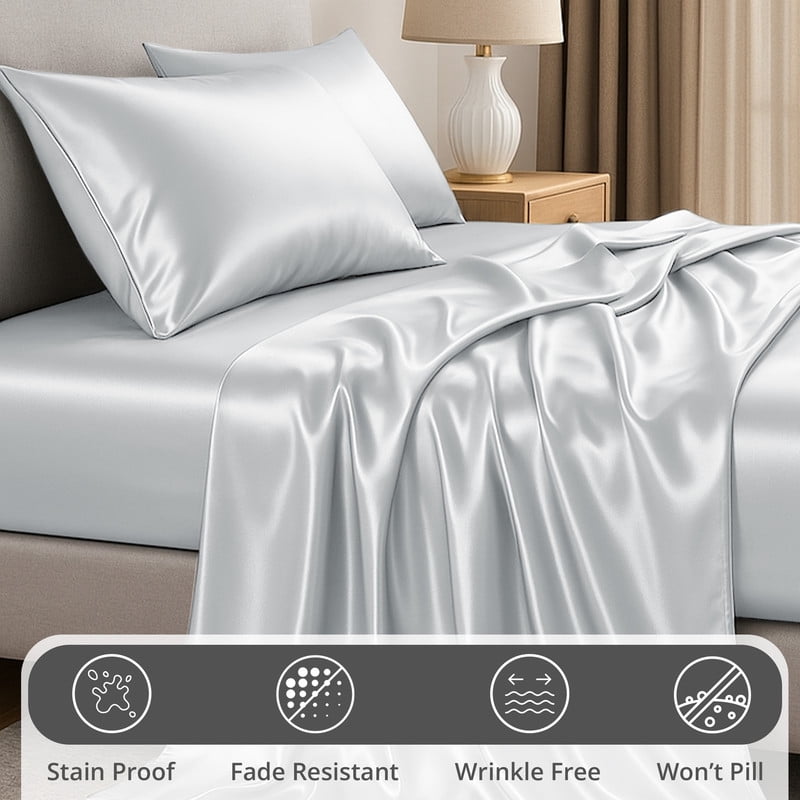 Wrinkle-Resistant Lux Decor Luxury Satin Sheets King Size - 4 Piece Cooling Bed Sheet Set, Silky Soft & Smooth, Deep Pockets up to 15",... - Breathable Egyptian Cotton Flat & Fitted Sheets Detail