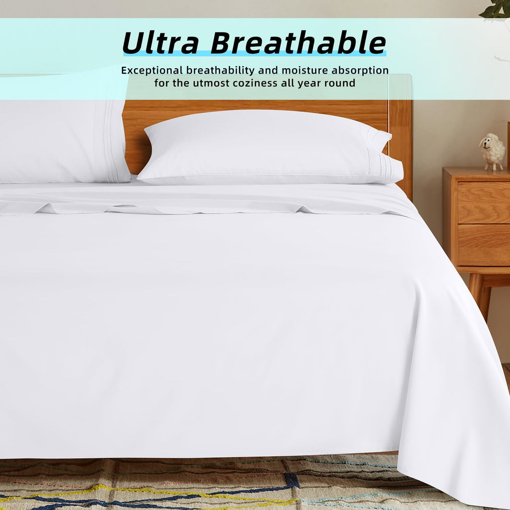 Premium Egyptian Cotton Bed Sheets Set, Microfiber Deep Pocket 4 Pieces Luxury Soft Sheet Set, Queen, White - Breathable Egyptian Cotton Flat & Fitted Sheets Detail