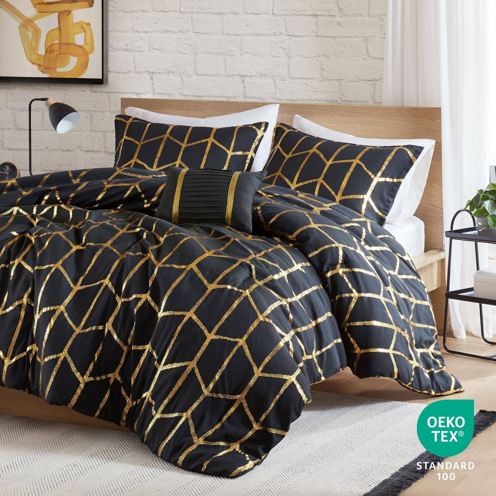 Heavyweight Warmth Full/Queen Size Comforter Set, 4-Piece Bedding Set for All Seasons, Geometric Metallic Comforter Bed Set with Decor P... - Hypoallergenic Ultra-Fluffy Quilt for Winter Detail