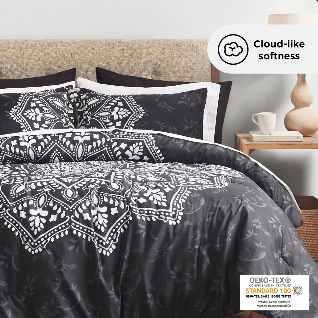 Hypoallergenic Cloud Queen Comforter Set, Bedding Comforter Set Queen Size W/ Side Pockets, Black, 9 Pieces - Cloud-Like Soft Lightweight Bed Comforter Detail