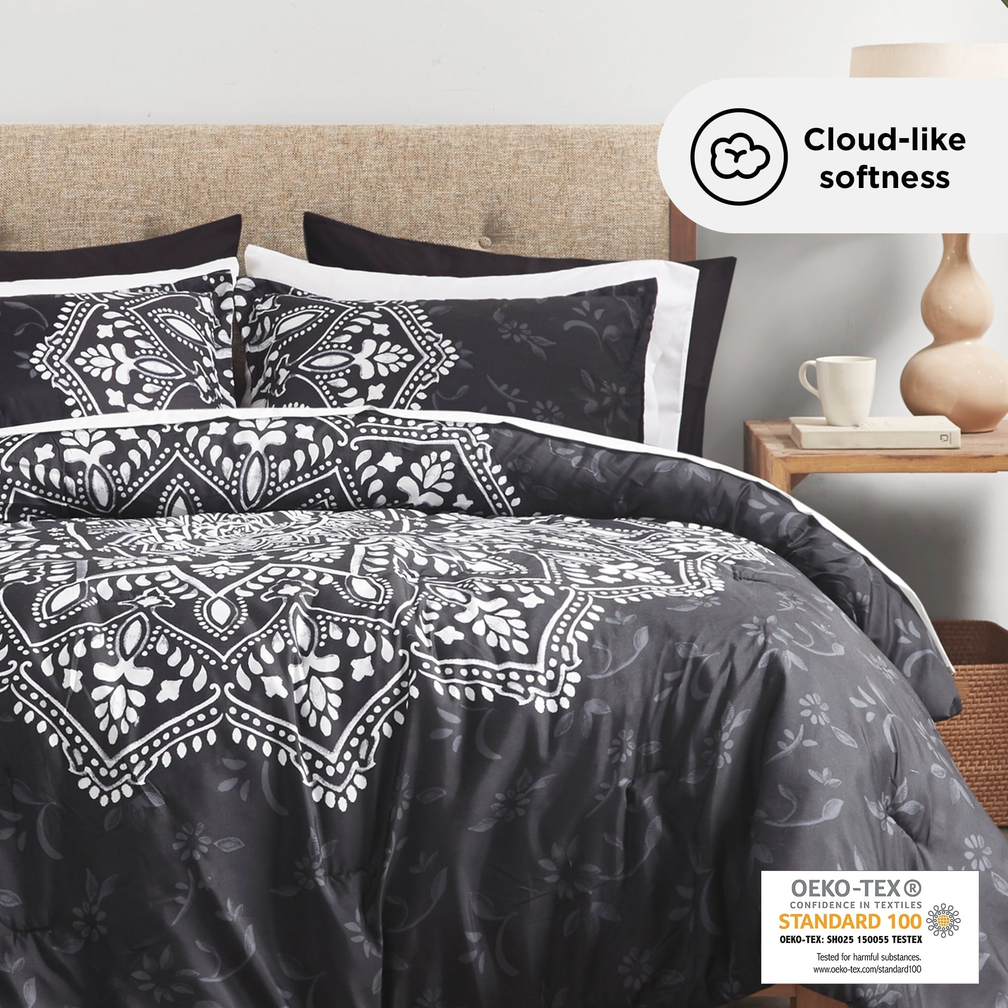 Hypoallergenic Cloud Queen Comforter Set, Bedding Comforter Set Queen Size W/ Side Pockets, Black, 9 Pieces - Cloud-Like Soft Lightweight Bed Comforter Detail