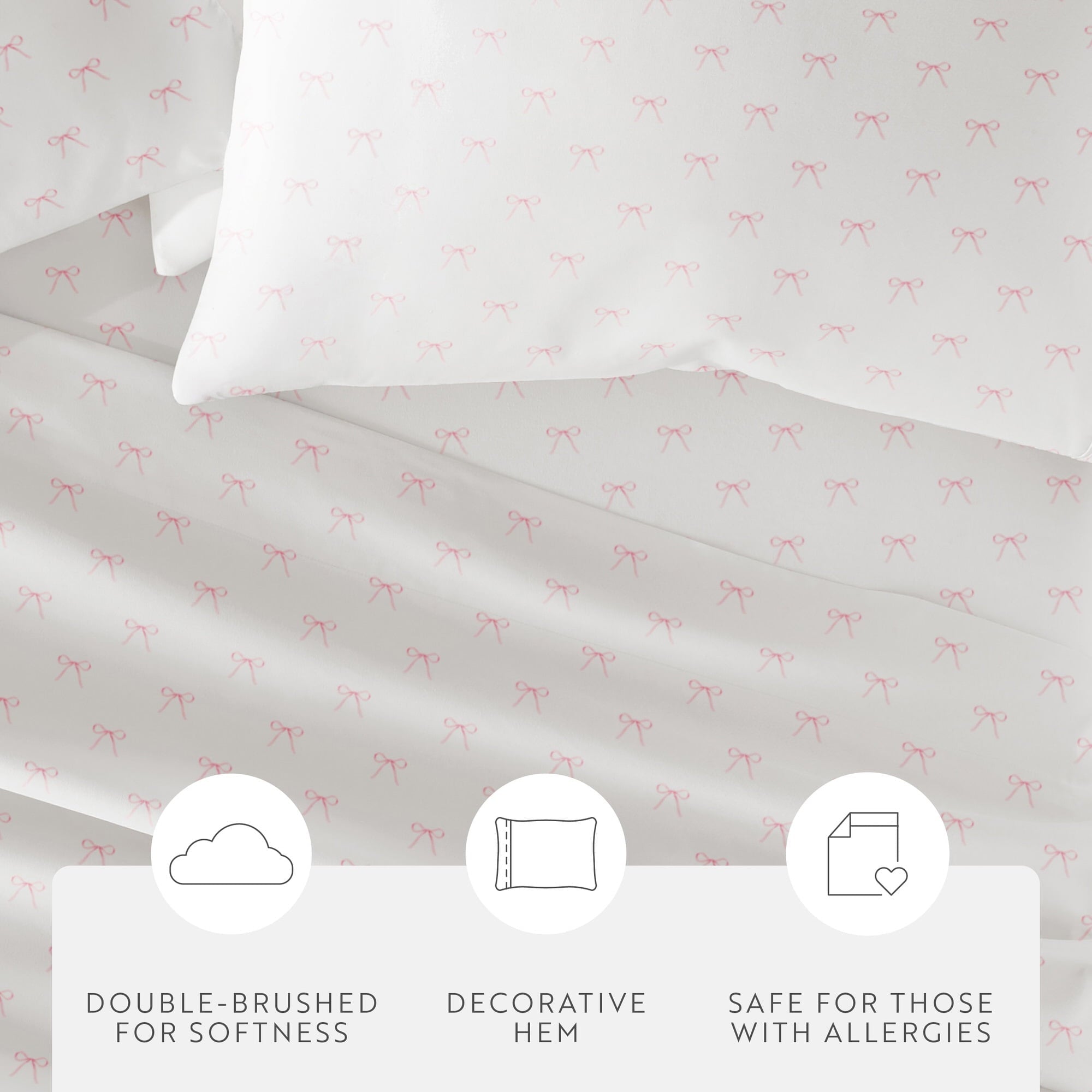 Wrinkle-Resistant 3 Piece Ditsy Pattern Microfiber Bed Sheets, Pink Bows, Twin-XL - Cooling Hotel Quality Bedding Sheets and Pillowcases Detail
