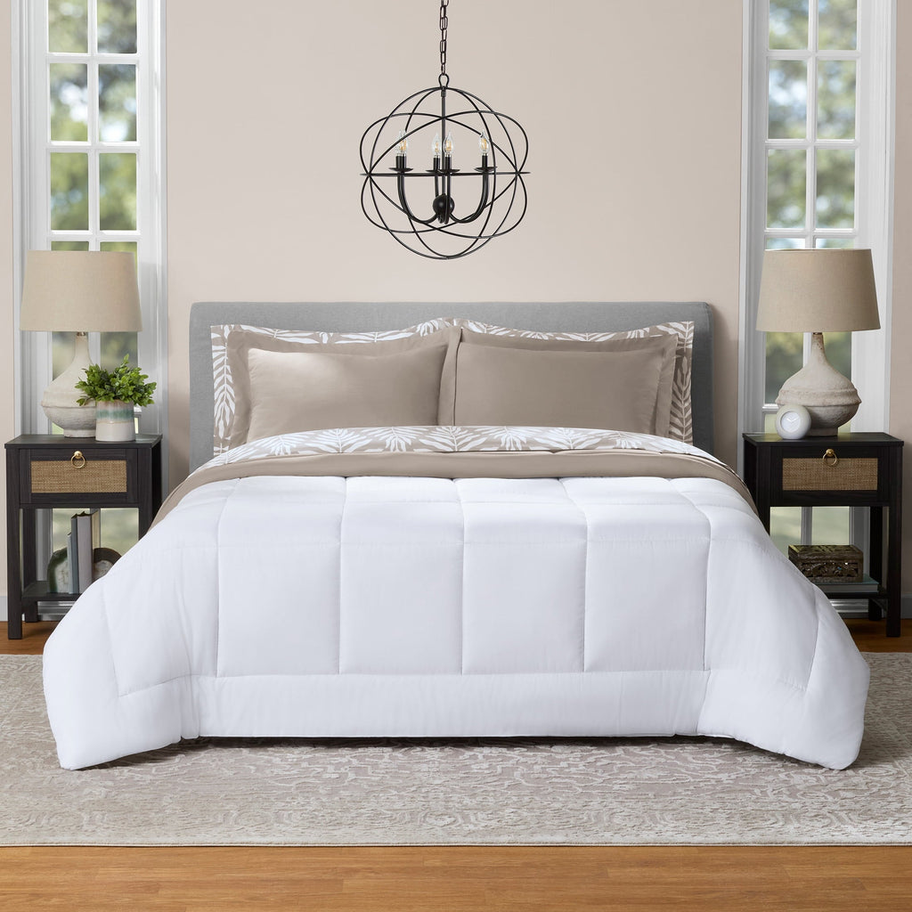 Fluffy Down Alternative All in One Reversible Comforter and Sheet Set- 7 Piece, Queen, Beige Palm - Luxurious Quilted Duvet Cover Set Detail