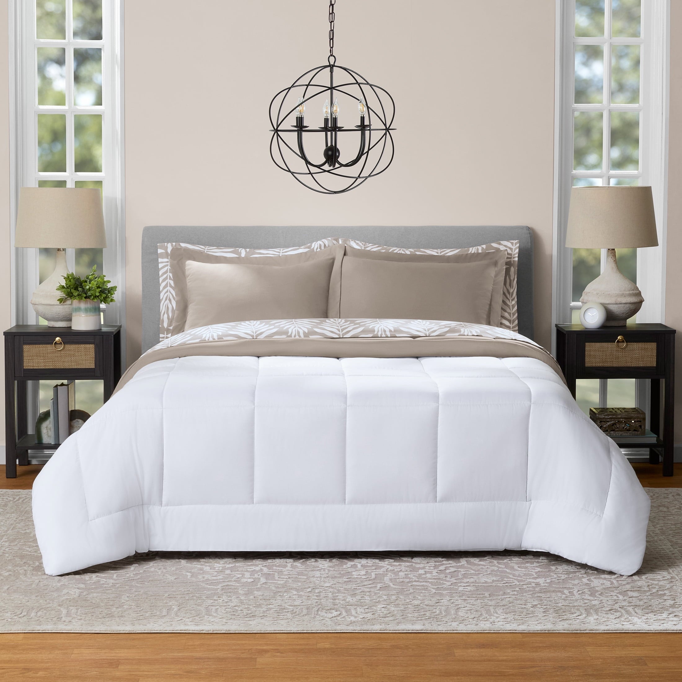 Fluffy Down Alternative All in One Reversible Comforter and Sheet Set- 7 Piece, Queen, Beige Palm - Luxurious Quilted Duvet Cover Set Detail