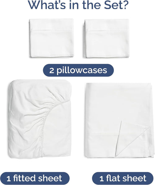 Cooling Sateen 4-Piece Luxury Bamboo Cooling Sheet Set - Queen Size 100% Bamboo Derived Rayon Premium Bed Sheets, White - Premium Ultra-Soft Pillowcase Pair for Sleeping Detail