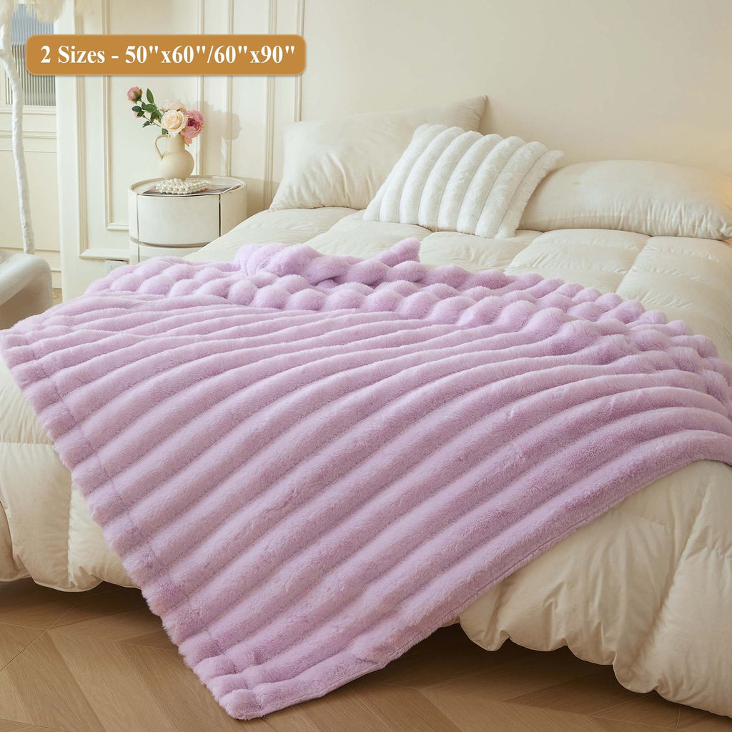 Lightweight Warm Fluffy Faux Rabbit Fur Throw, Cozy Wide Stripe Plush Fuzzy Blanket for Bed Couch Sofa Chair, Light Purple Shaggy Thro... - Cozy Fleece Throw Blanket for Couch & Bed Detail