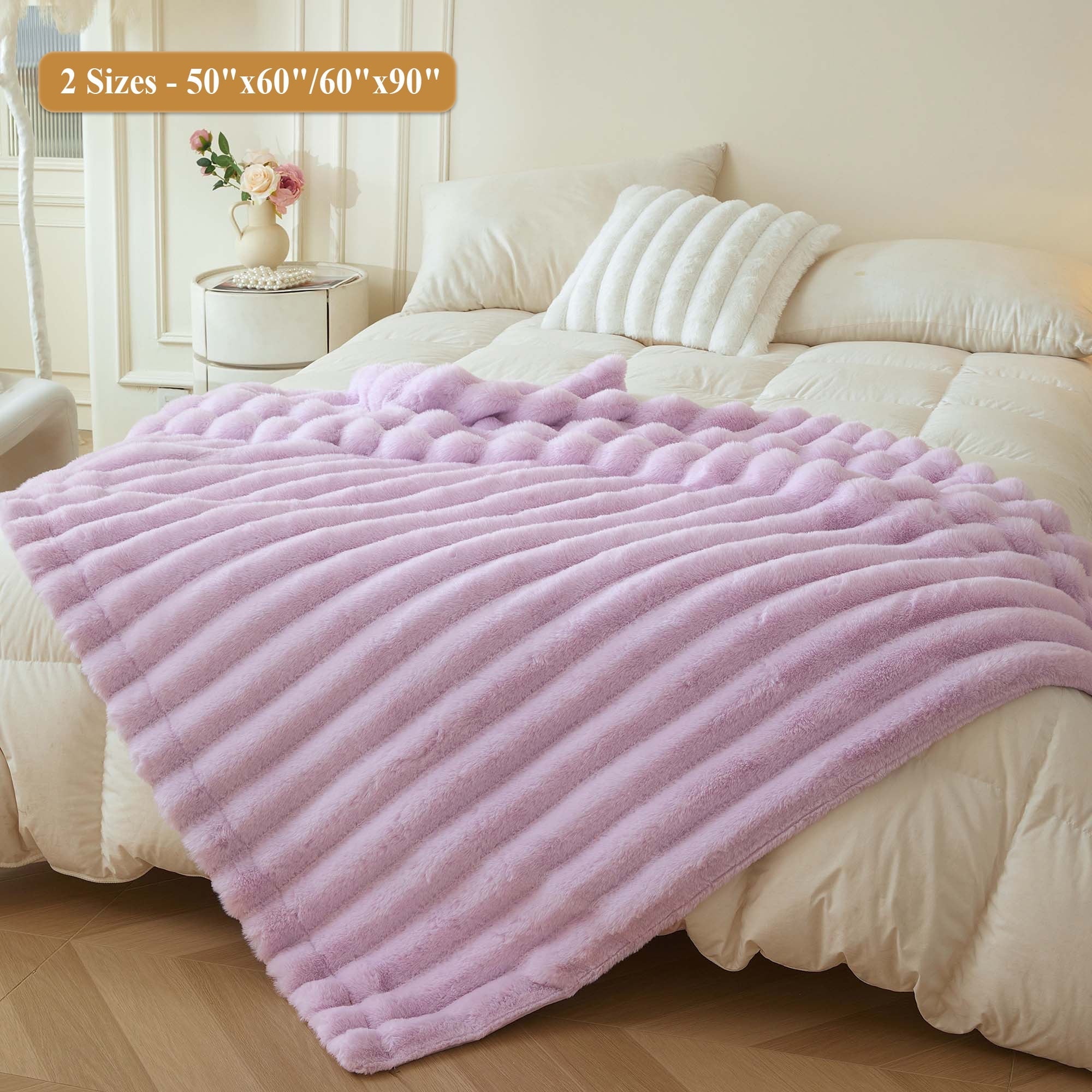 Lightweight Warm Fluffy Faux Rabbit Fur Throw, Cozy Wide Stripe Plush Fuzzy Blanket for Bed Couch Sofa Chair, Light Purple Shaggy Thro... - Cozy Fleece Throw Blanket for Couch & Bed Detail