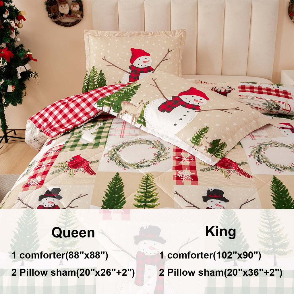 All-Season 3 Pcs Christmas Comforter Set, Bed in a Bag Wreath Snowman Queen/Full Size Xmas Bedding Set Fitted Pillowcases for Adult - Hypoallergenic Ultra-Fluffy Quilt for Winter Detail