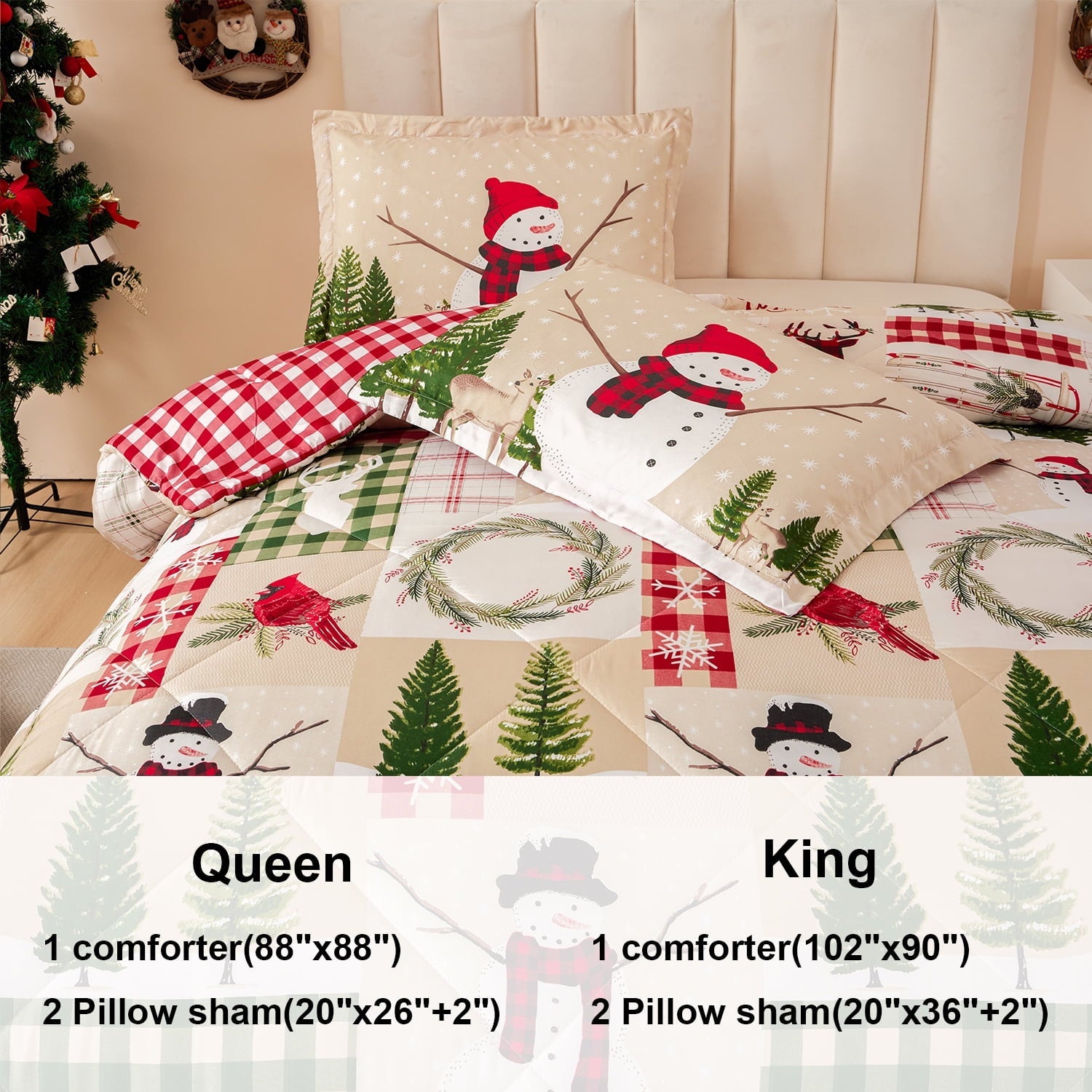 All-Season 3 Pcs Christmas Comforter Set, Bed in a Bag Wreath Snowman Queen/Full Size Xmas Bedding Set Fitted Pillowcases for Adult - Hypoallergenic Ultra-Fluffy Quilt for Winter Detail