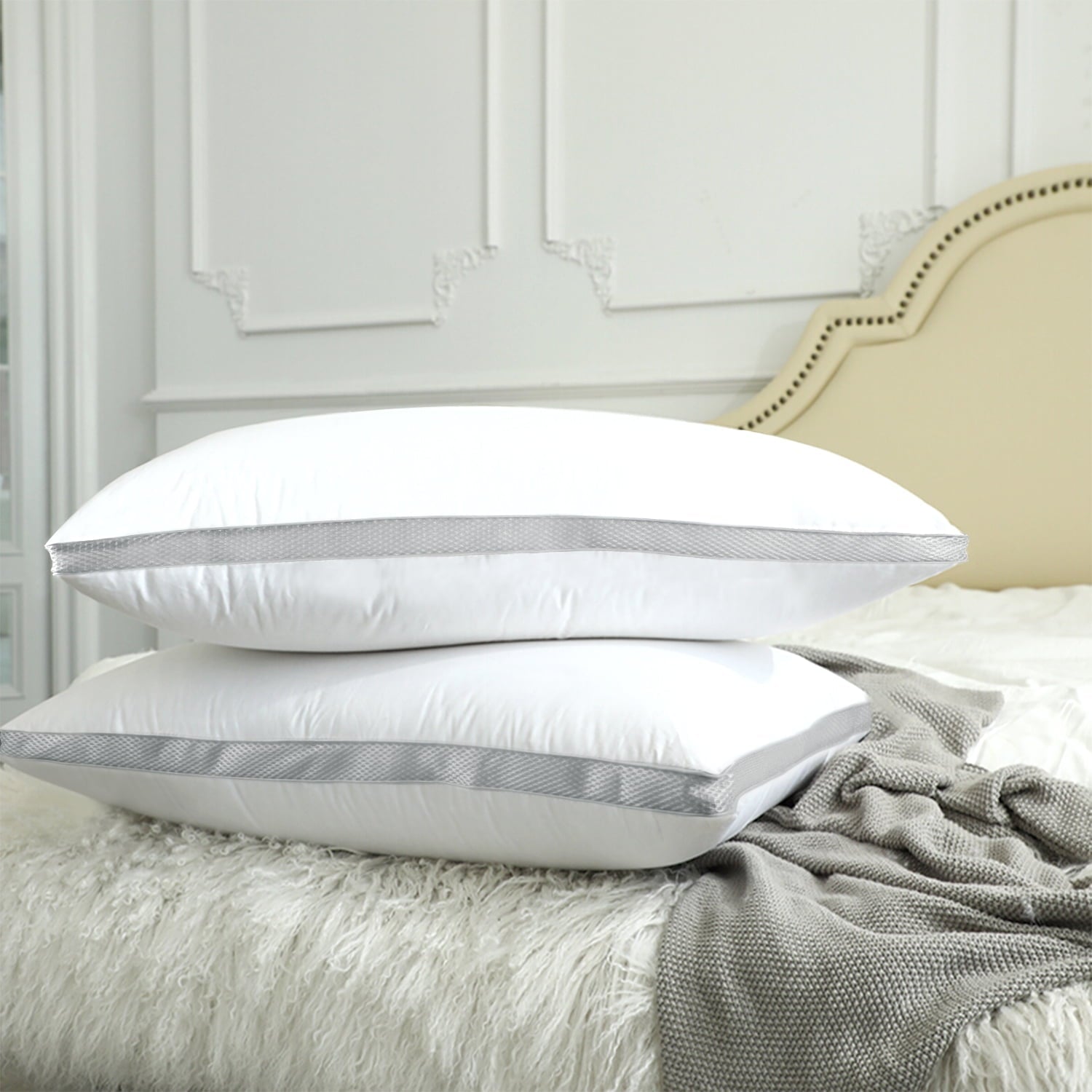 Decorative Plump Down Alternative Bed Pillow with Cotton Cover and Gusset, 2 Pack, Queen, 20"x26" - Ergonomic Memory Foam Pillow for Neck Pain Support Detail