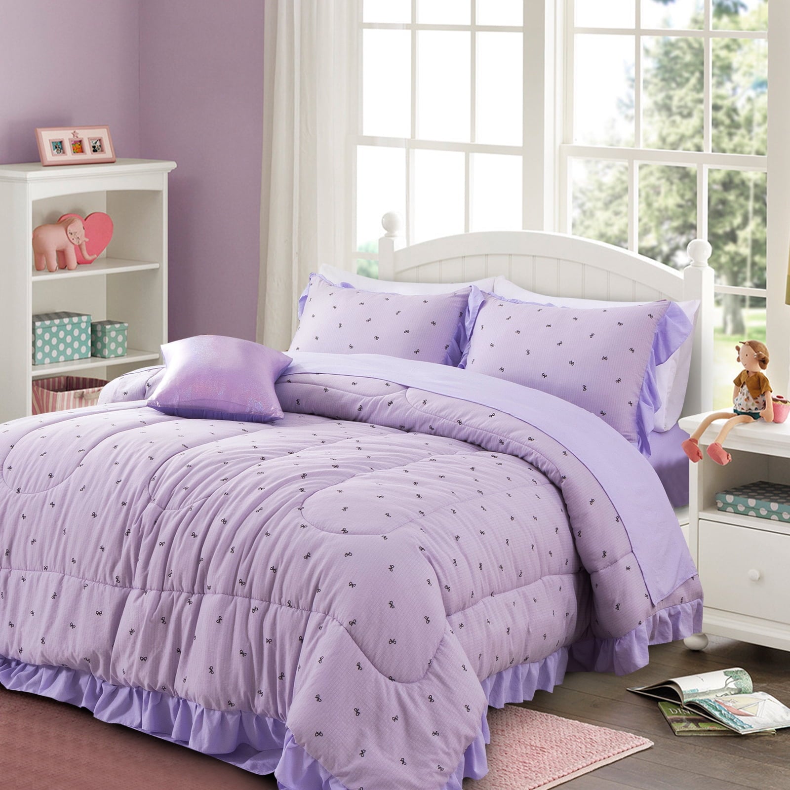 Heavyweight Warmth 6 Piece Delicate Bows Purple Bedding Set Ruffle Princess Style Comforter Set Bed in a Bag - Luxurious Quilted Duvet Cover Set Detail